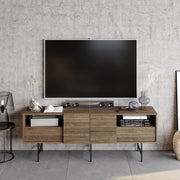 Suporte de TV moderno com opção de montagem na parede, nogueira e preto, 180 cm | Painel de partículas 100% revestido de melamina, 18 mm de espessura | Design elegante e funcional com várias prateleiras