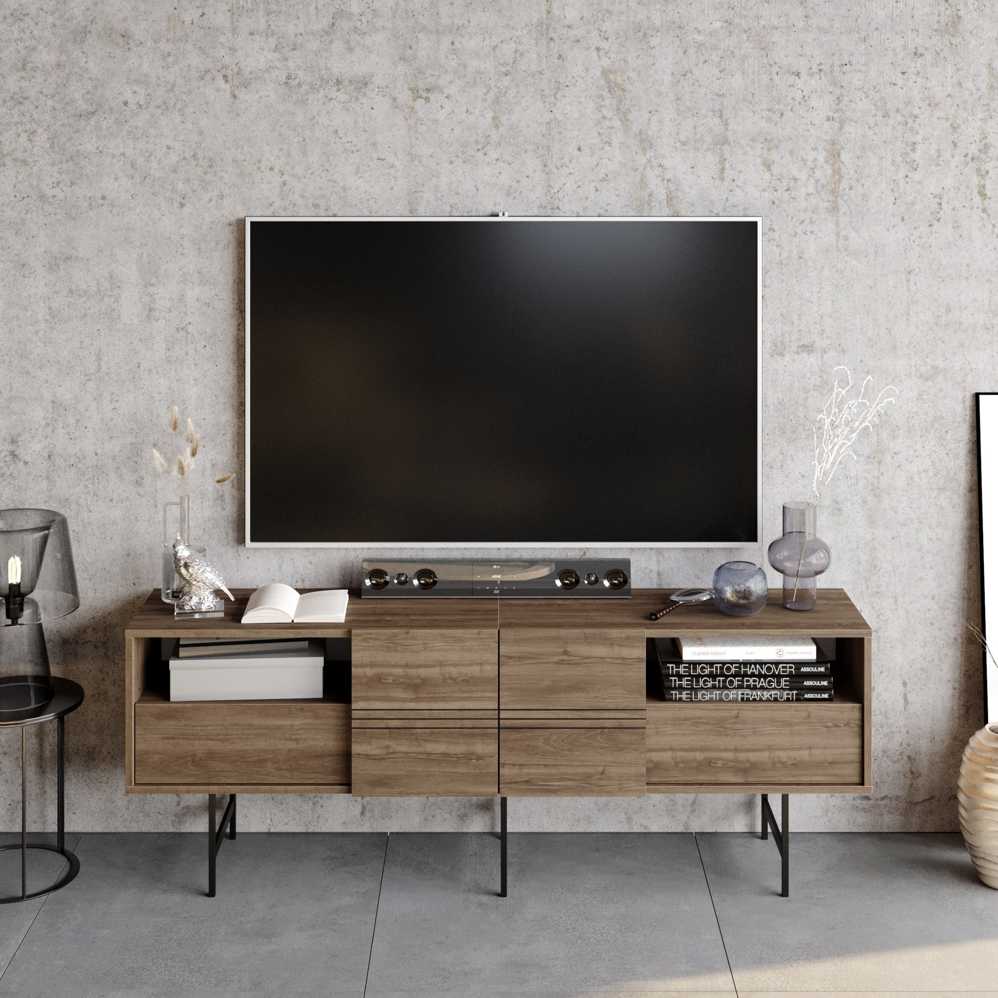 Suporte de TV moderno com opção de montagem na parede, nogueira e preto, 180 cm | Painel de partículas 100% revestido de melamina, 18 mm de espessura | Design elegante e funcional com várias prateleiras