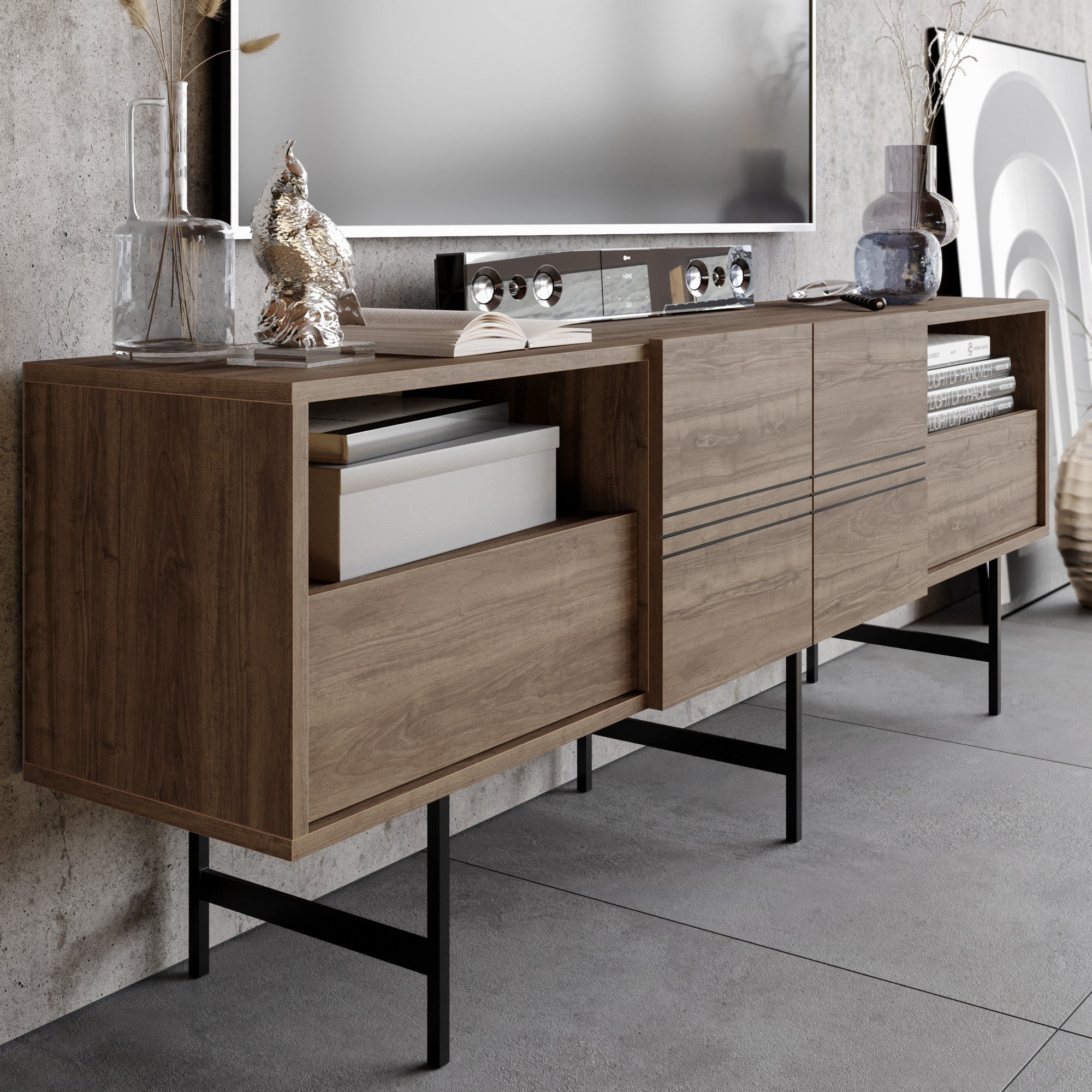 Suporte de TV moderno com opção de montagem na parede, nogueira e preto, 180 cm | Painel de partículas 100% revestido de melamina, 18 mm de espessura | Design elegante e funcional com várias prateleiras