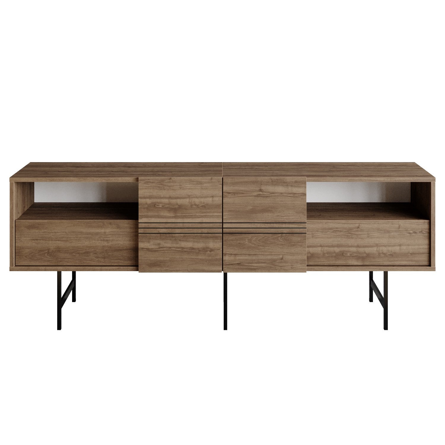 Suporte de TV moderno com opção de montagem na parede, nogueira e preto, 180 cm | Painel de partículas 100% revestido de melamina, 18 mm de espessura | Design elegante e funcional com várias prateleiras