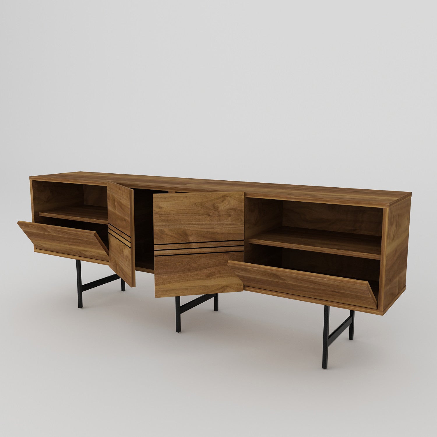 Suporte de TV moderno com opção de montagem na parede, nogueira e preto, 180 cm | Painel de partículas 100% revestido de melamina, 18 mm de espessura | Design elegante e funcional com várias prateleiras