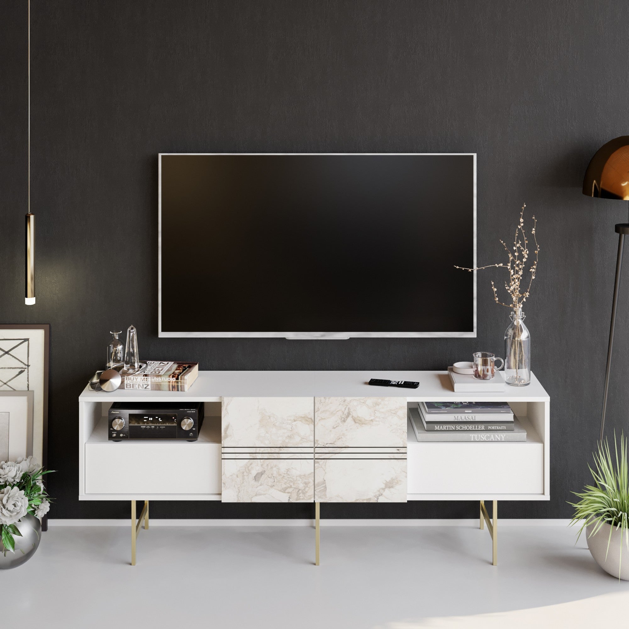 Suporte de TV moderno branco, 180 cm | Painel de partículas 100% revestido em melamina, 18 mm de espessura | Montável na parede, várias prateleiras, design elegante para casa