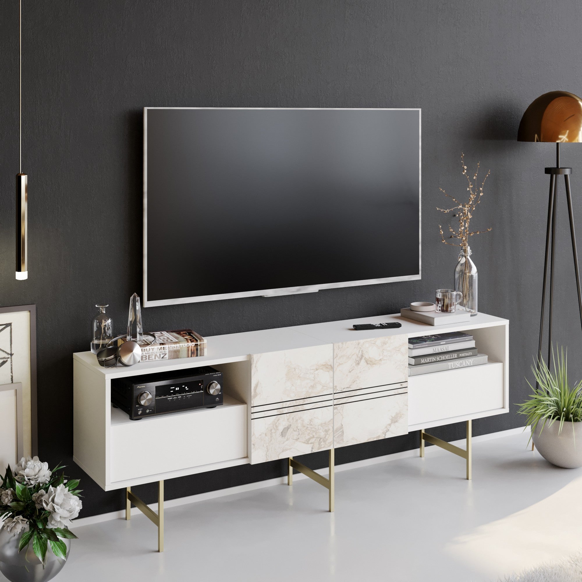 Suporte de TV moderno branco, 180 cm | Painel de partículas 100% revestido em melamina, 18 mm de espessura | Montável na parede, várias prateleiras, design elegante para casa