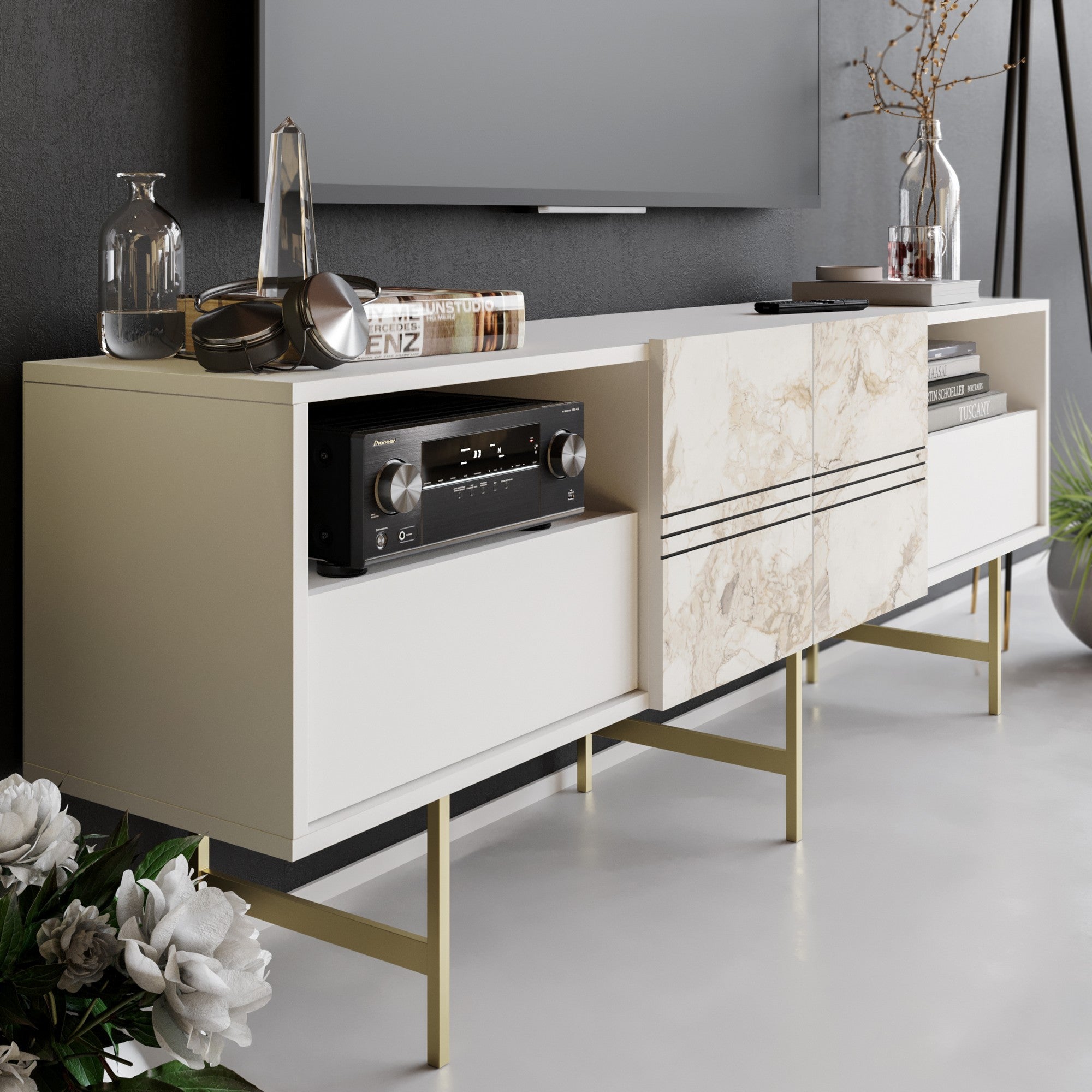Suporte de TV moderno branco, 180 cm | Painel de partículas 100% revestido em melamina, 18 mm de espessura | Montável na parede, várias prateleiras, design elegante para casa