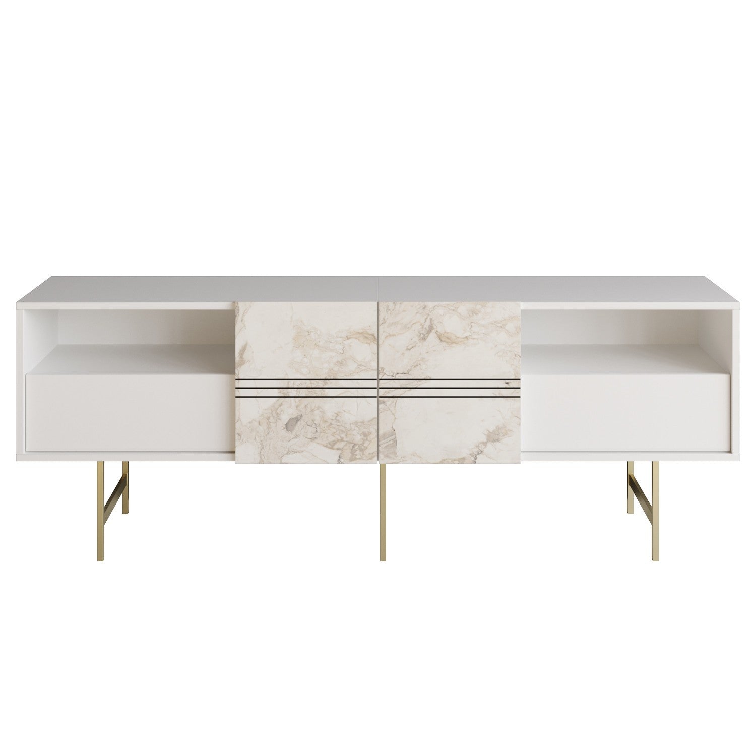 Suporte de TV moderno branco, 180 cm | Painel de partículas 100% revestido em melamina, 18 mm de espessura | Montável na parede, várias prateleiras, design elegante para casa