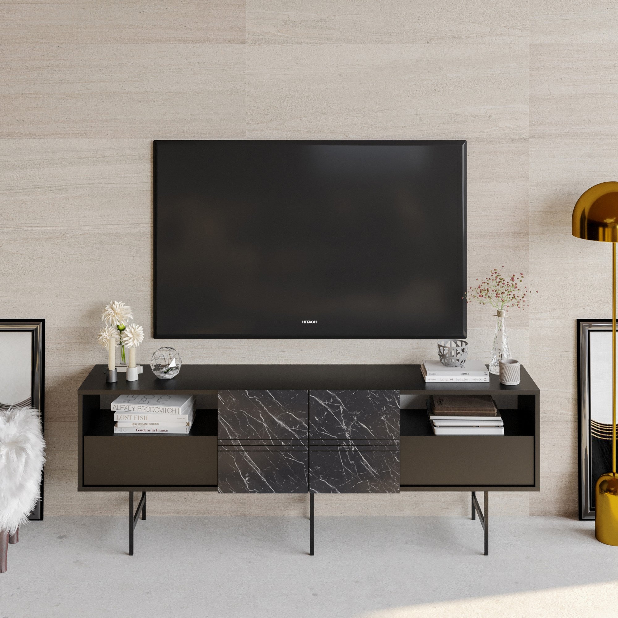 Suporte de TV moderno com opção de montagem na parede, preto e mármore, 180 cm | Painel de partículas 100% revestido de melamina, 18 mm de espessura | Design elegante e funcional com várias prateleiras