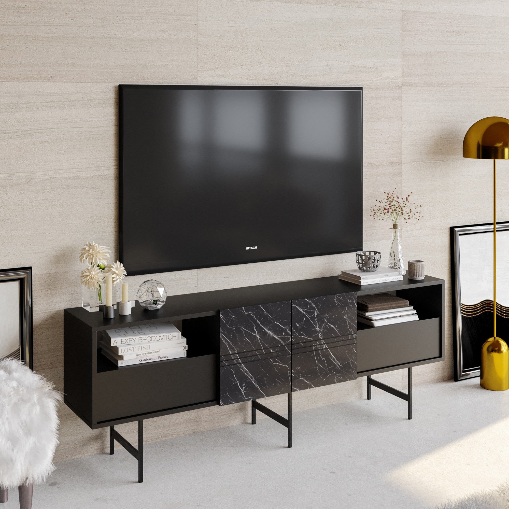 Suporte de TV moderno com opção de montagem na parede, preto e mármore, 180 cm | Painel de partículas 100% revestido de melamina, 18 mm de espessura | Design elegante e funcional com várias prateleiras