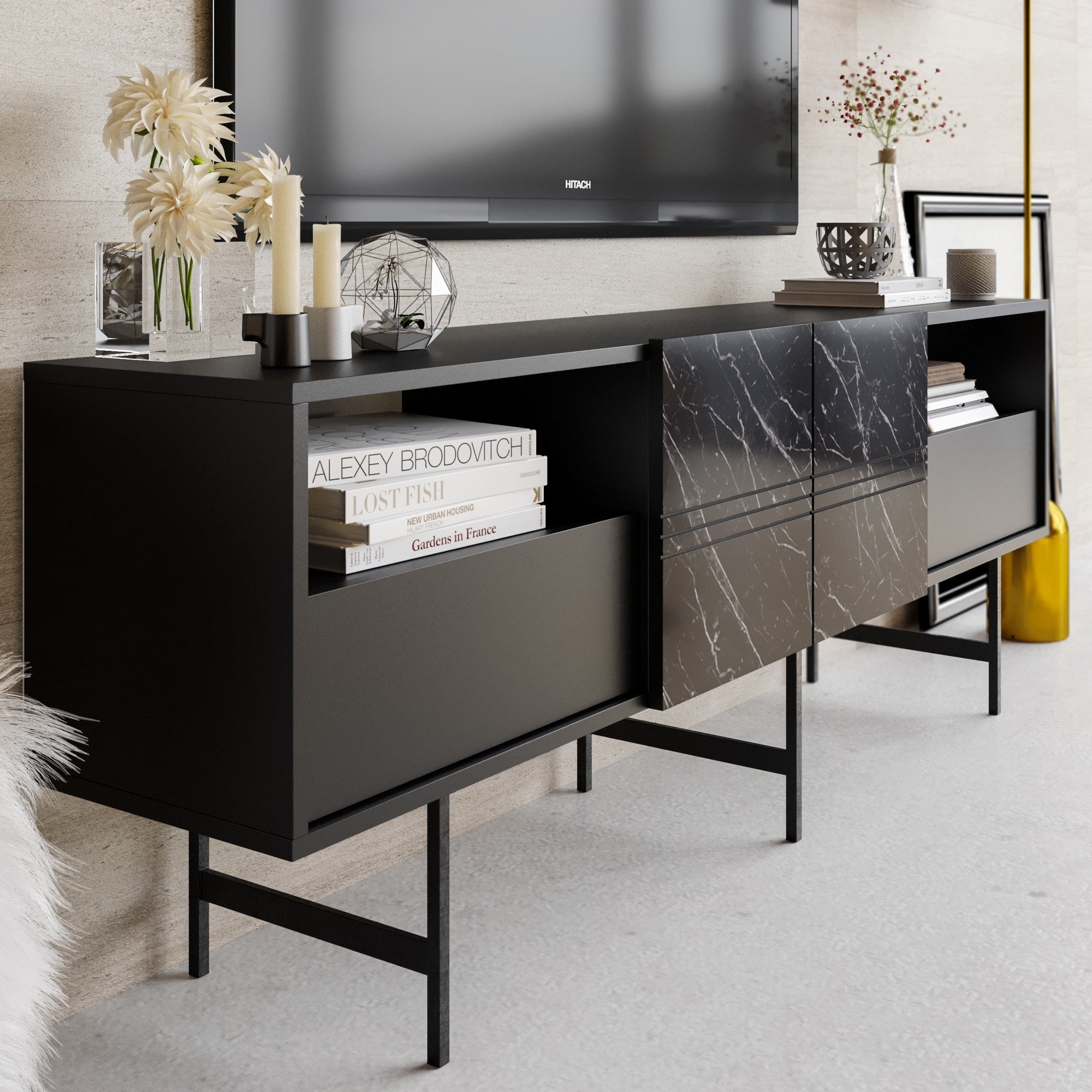 Suporte de TV moderno com opção de montagem na parede, preto e mármore, 180 cm | Painel de partículas 100% revestido de melamina, 18 mm de espessura | Design elegante e funcional com várias prateleiras