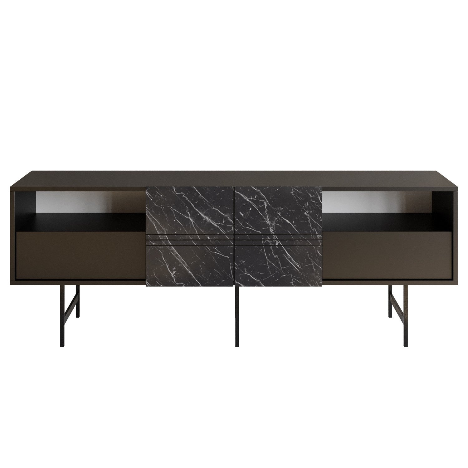 Suporte de TV moderno com opção de montagem na parede, preto e mármore, 180 cm | Painel de partículas 100% revestido de melamina, 18 mm de espessura | Design elegante e funcional com várias prateleiras