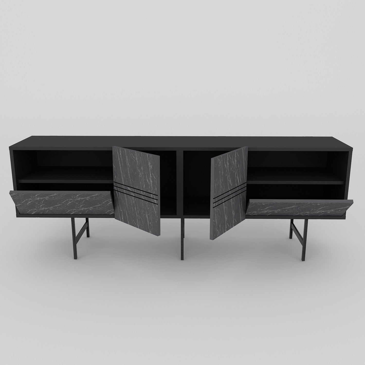 Suporte de TV moderno com opção de montagem na parede, preto e mármore, 180 cm | Painel de partículas 100% revestido de melamina, 18 mm de espessura | Design elegante e funcional com várias prateleiras