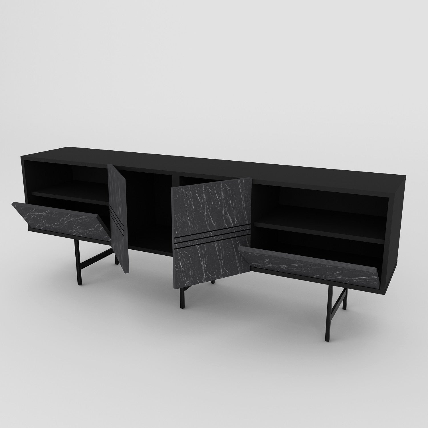 Suporte de TV moderno com opção de montagem na parede, preto e mármore, 180 cm | Painel de partículas 100% revestido de melamina, 18 mm de espessura | Design elegante e funcional com várias prateleiras