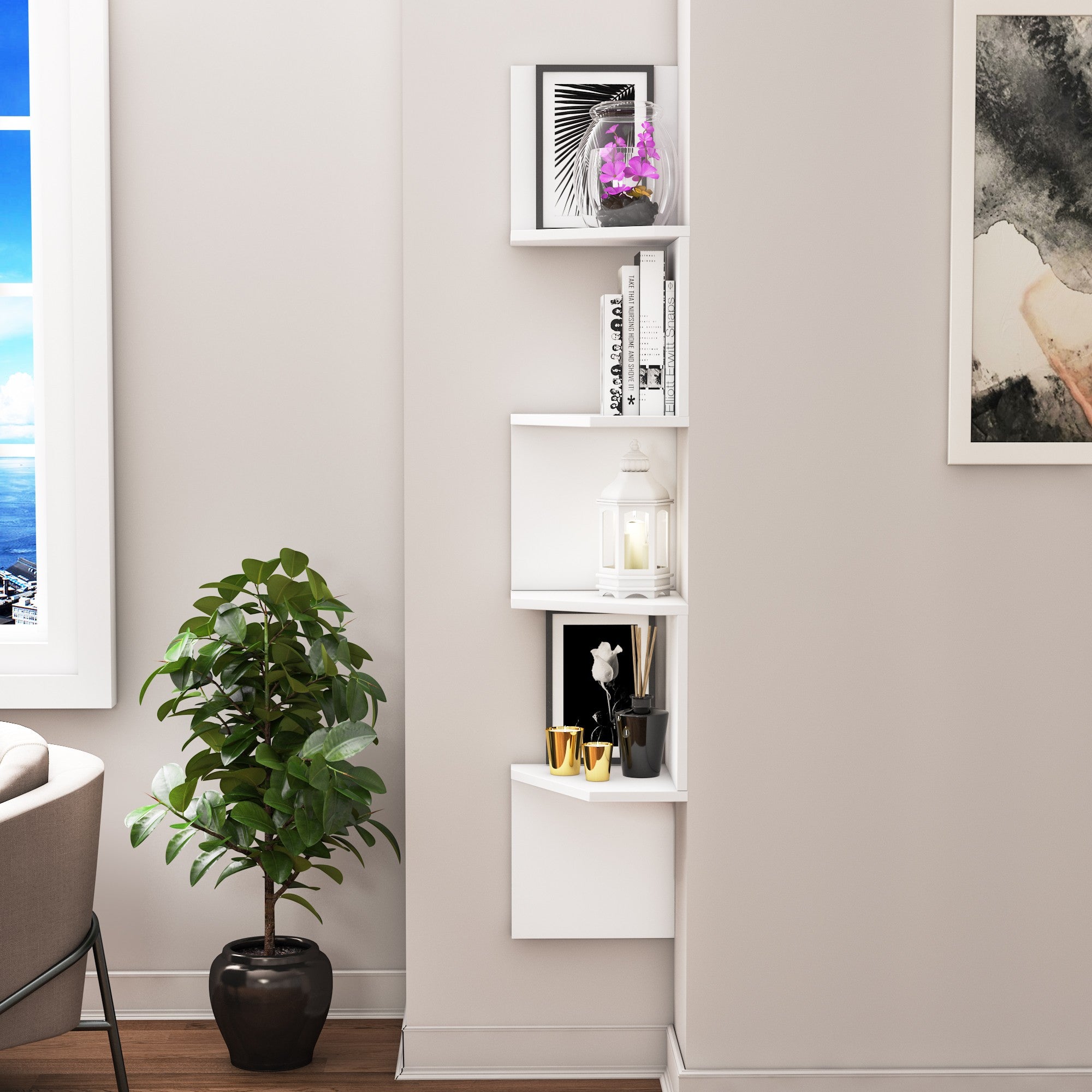Prateleira de parede elegante, branca, 29,6 x 29,6 x 155,2 cm | Painel de partículas 100% revestido de melamina, 18 mm de espessura | Solução de armazenamento versátil para espaços modernos