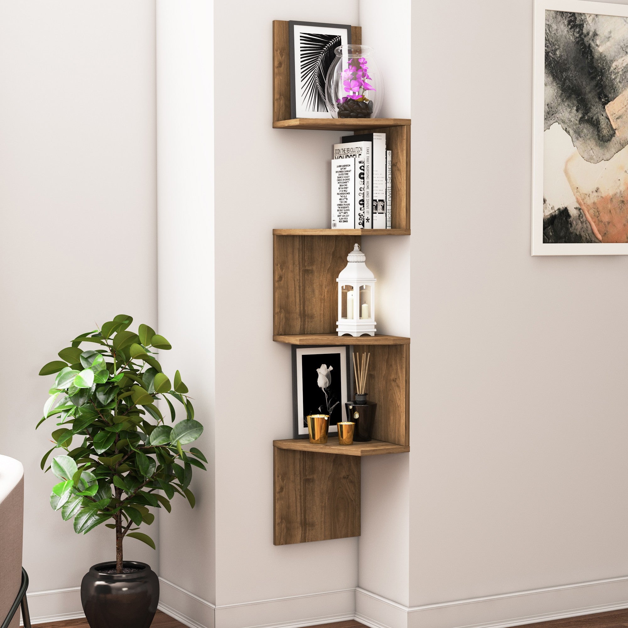 Prateleira de parede elegante, cor nogueira, 29,6 x 29,6 x 155,2 cm | Painel de partículas 100% revestido de melamina, 18 mm de espessura | Solução de armazenamento versátil para qualquer ambiente