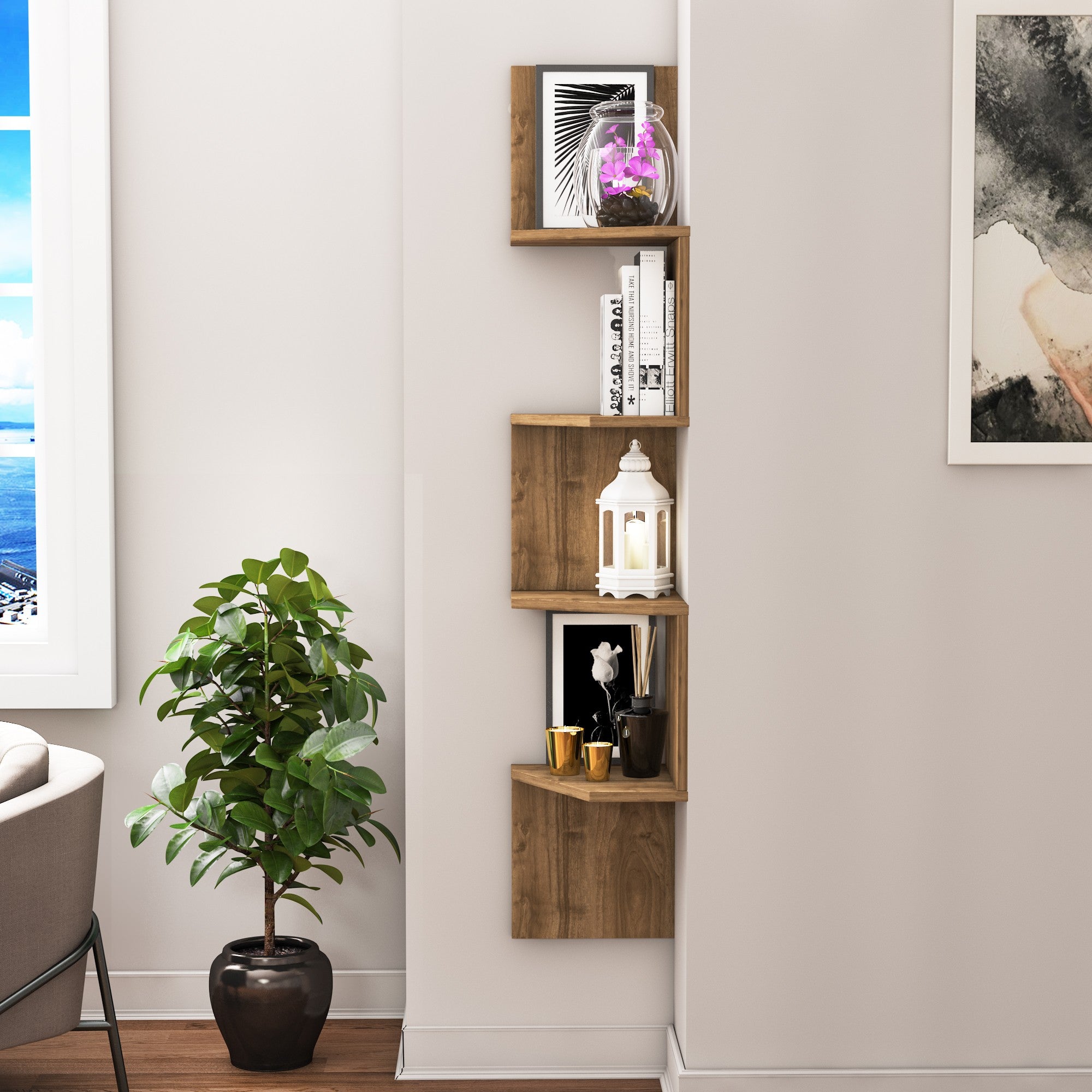 Prateleira de parede elegante, cor nogueira, 29,6 x 29,6 x 155,2 cm | Painel de partículas 100% revestido de melamina, 18 mm de espessura | Solução de armazenamento versátil para qualquer ambiente