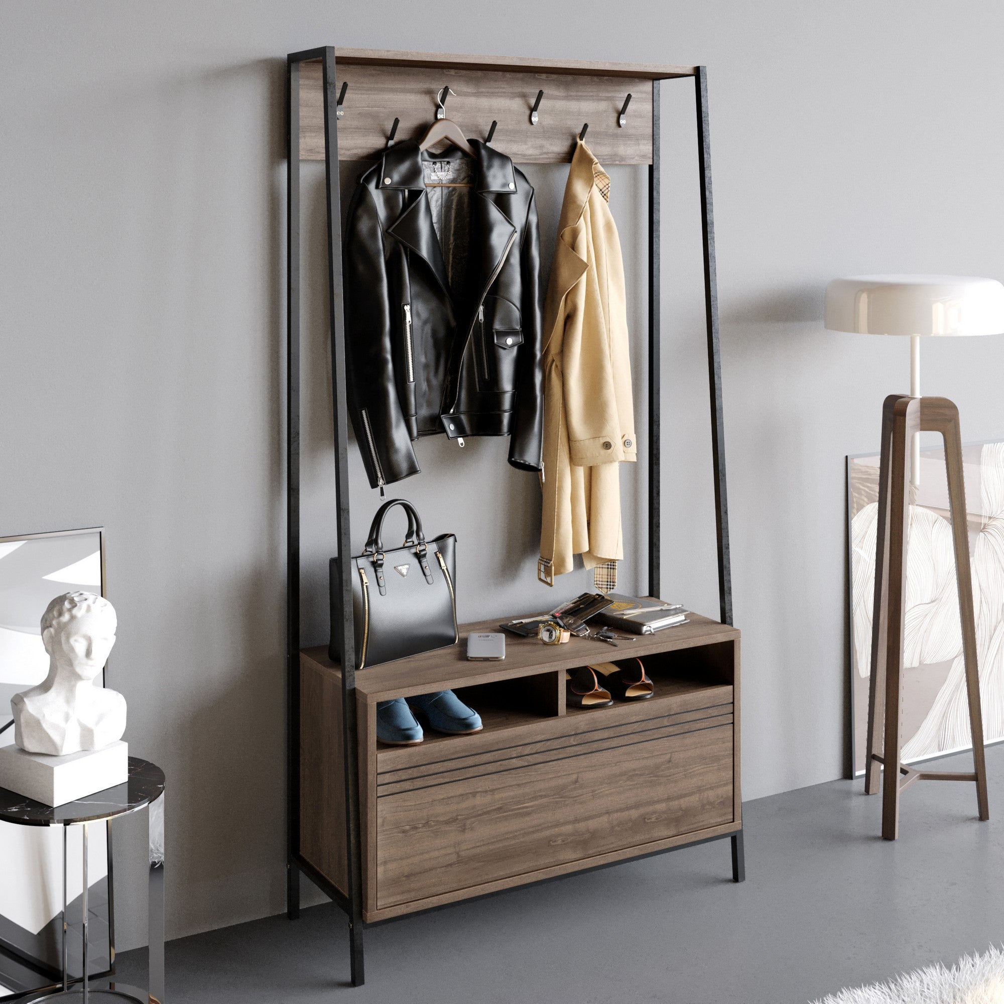 Conjunto de Hall de Entrada – 94 x 180 x 35,3 cm – Nogueira e Preto – Painel de Partículas