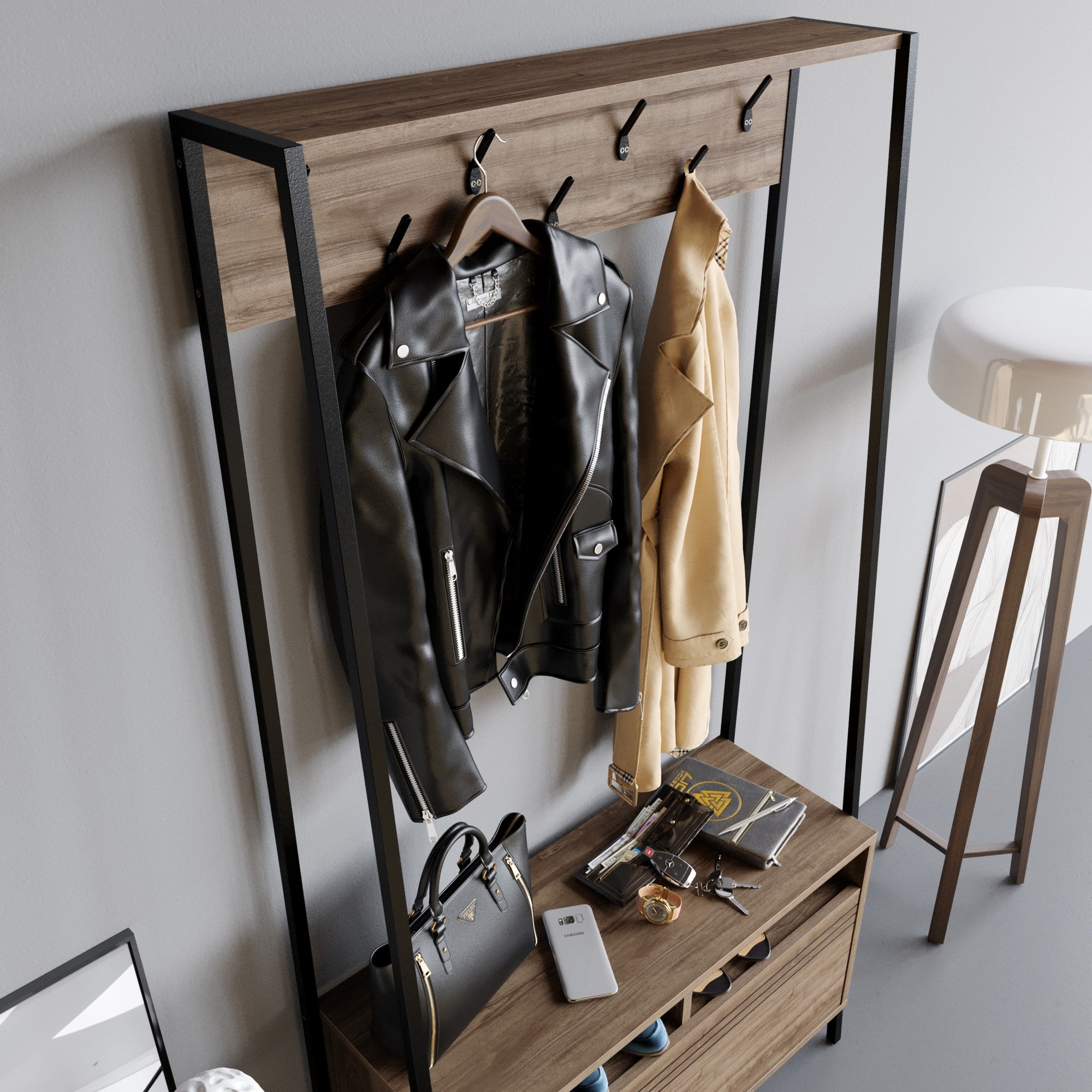 Conjunto de Hall de Entrada – 94 x 180 x 35,3 cm – Nogueira e Preto – Painel de Partículas