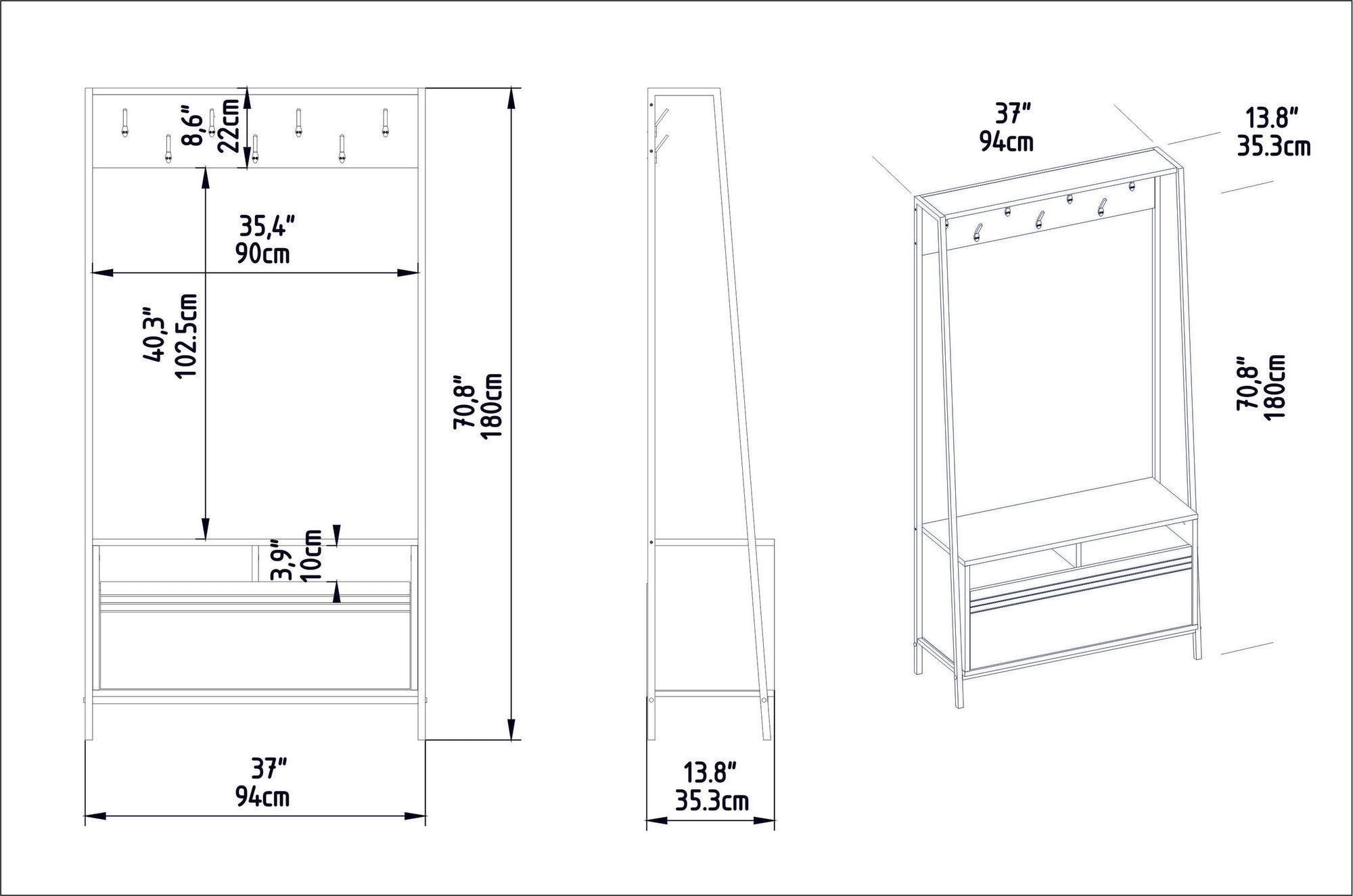 Conjunto de Hall de Entrada – 94 x 180 x 35,3 cm – Nogueira e Preto – Painel de Partículas