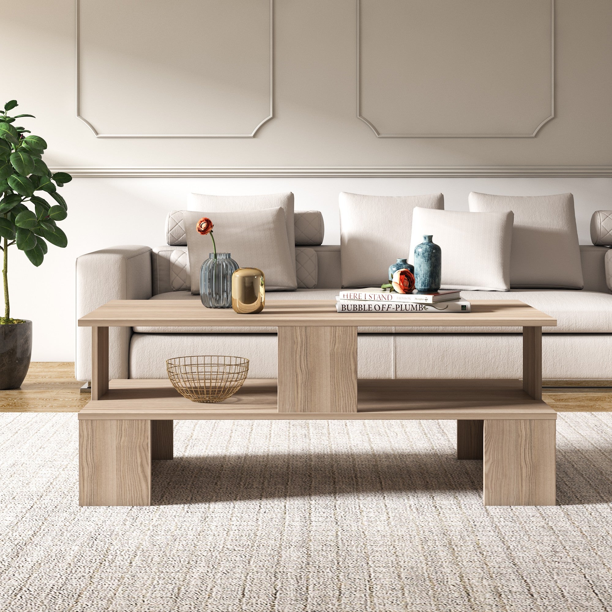 Mesa de Centro Córdoba com Prateleiras Múltiplas - 120cm, Revestimento Melamínico e Fixação de Parede