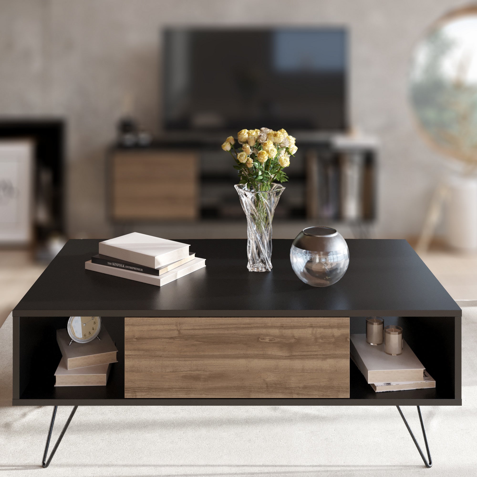 Mesa de Centro Moderna – 120 x 60 x 45,6 cm – Preto e Nogueira – 100% Melamina