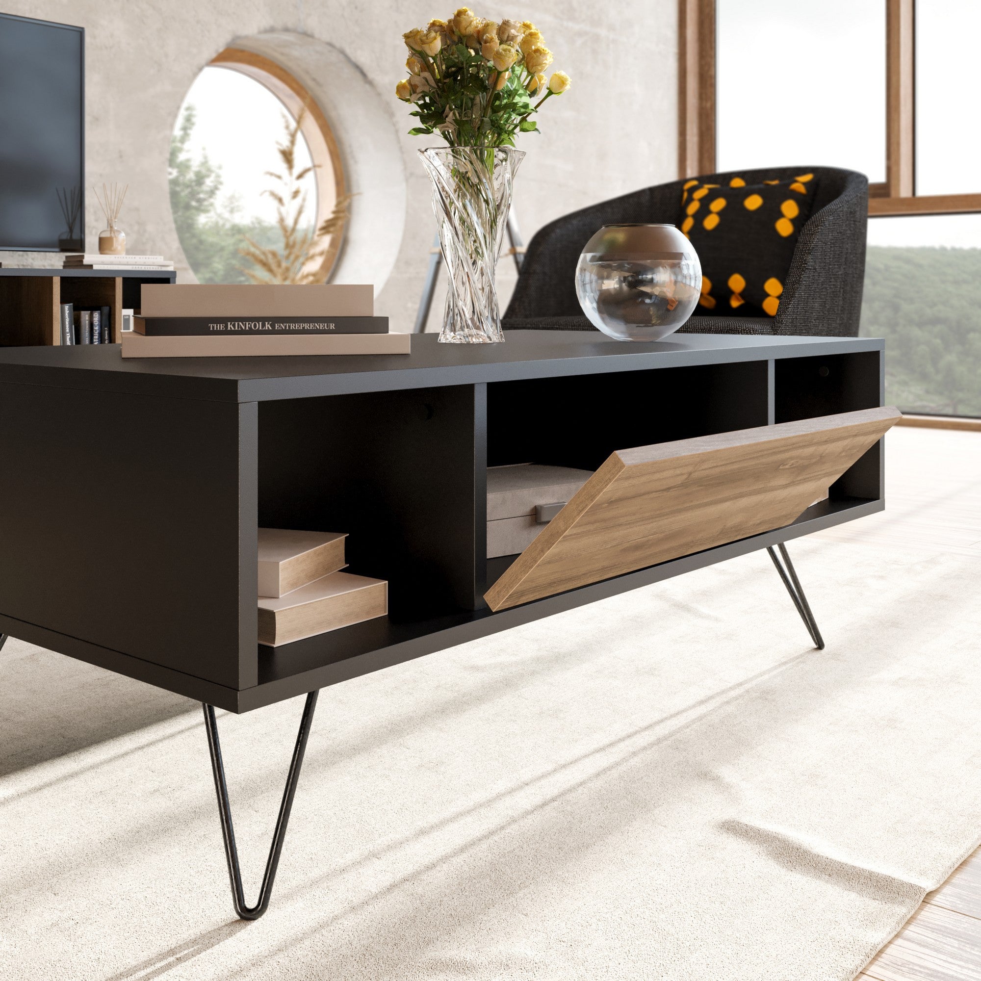 Mesa de Centro Moderna – 120 x 60 x 45,6 cm – Preto e Nogueira – 100% Melamina