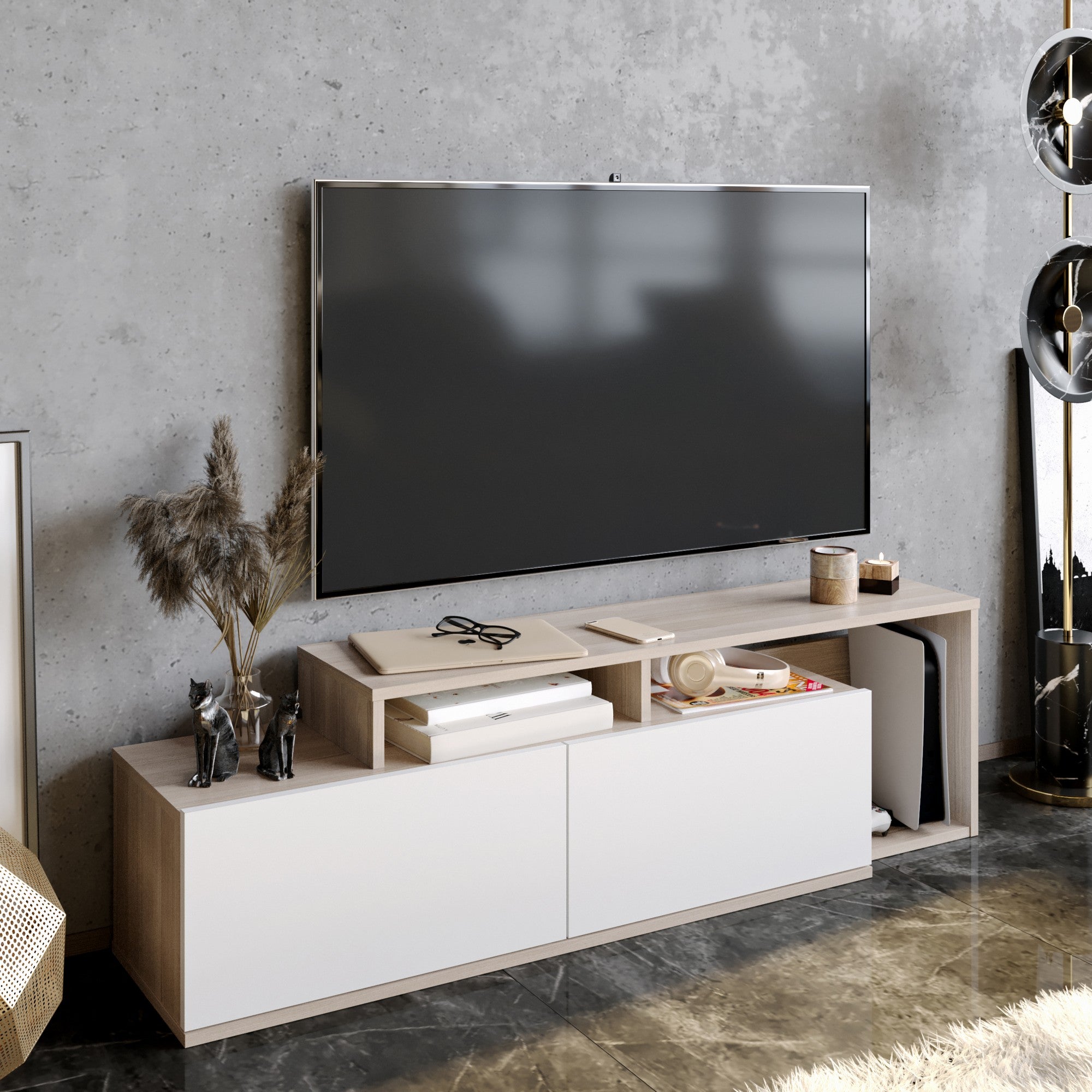 Suporte de TV moderno com opção de montagem na parede, Cordoba e Branco, 149,8 cm | Painel de partículas 100% revestido de melamina, 18 mm de espessura | Design elegante com várias prateleiras