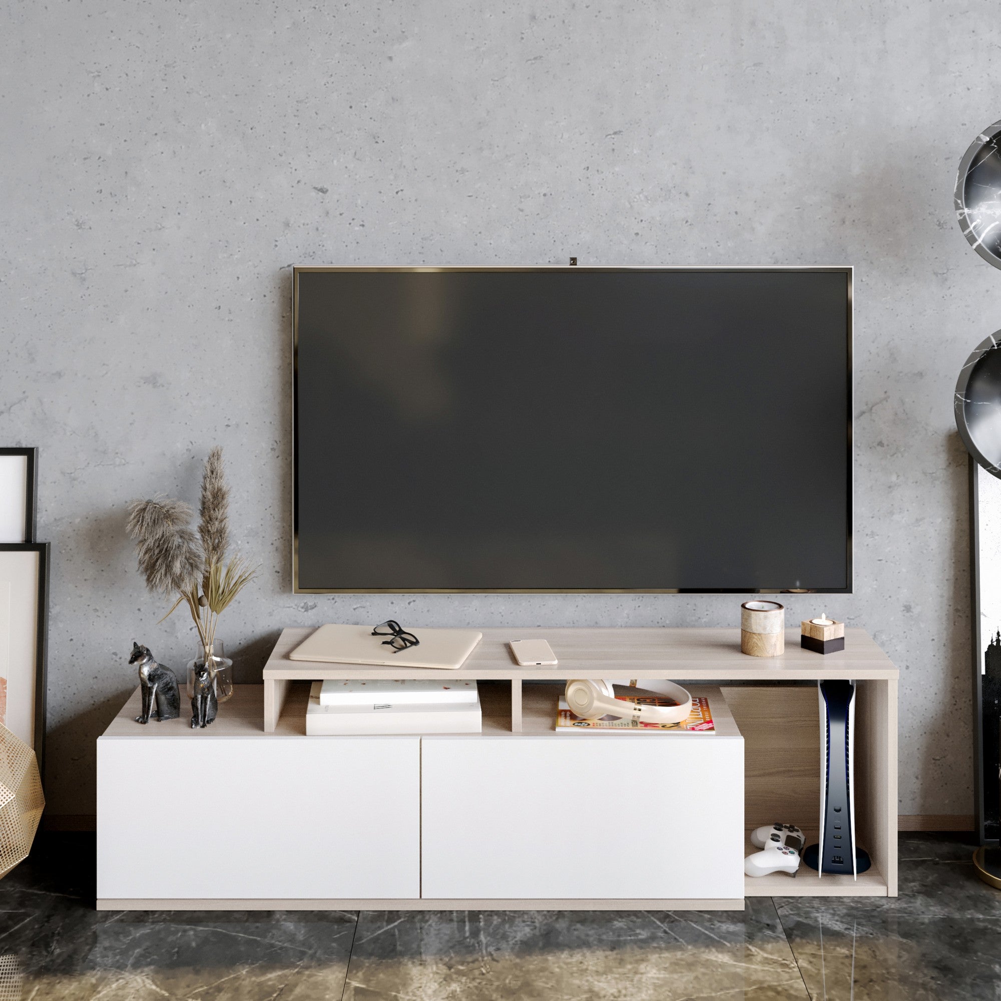 Suporte de TV moderno com opção de montagem na parede, Cordoba e Branco, 149,8 cm | Painel de partículas 100% revestido de melamina, 18 mm de espessura | Design elegante com várias prateleiras