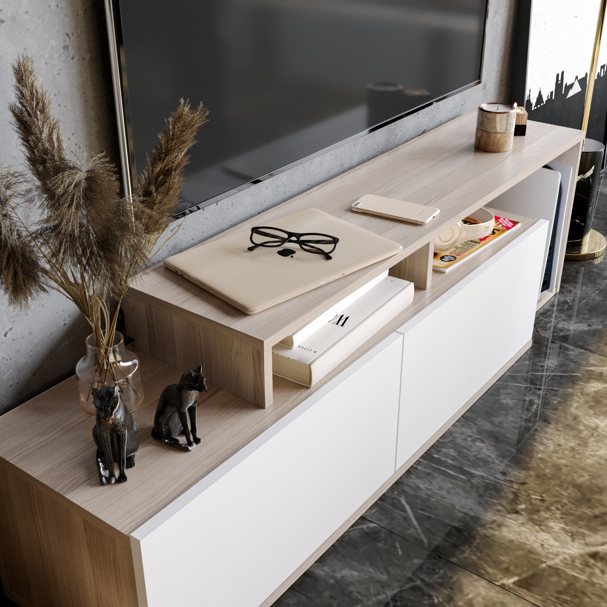Suporte de TV moderno com opção de montagem na parede, Cordoba e Branco, 149,8 cm | Painel de partículas 100% revestido de melamina, 18 mm de espessura | Design elegante com várias prateleiras