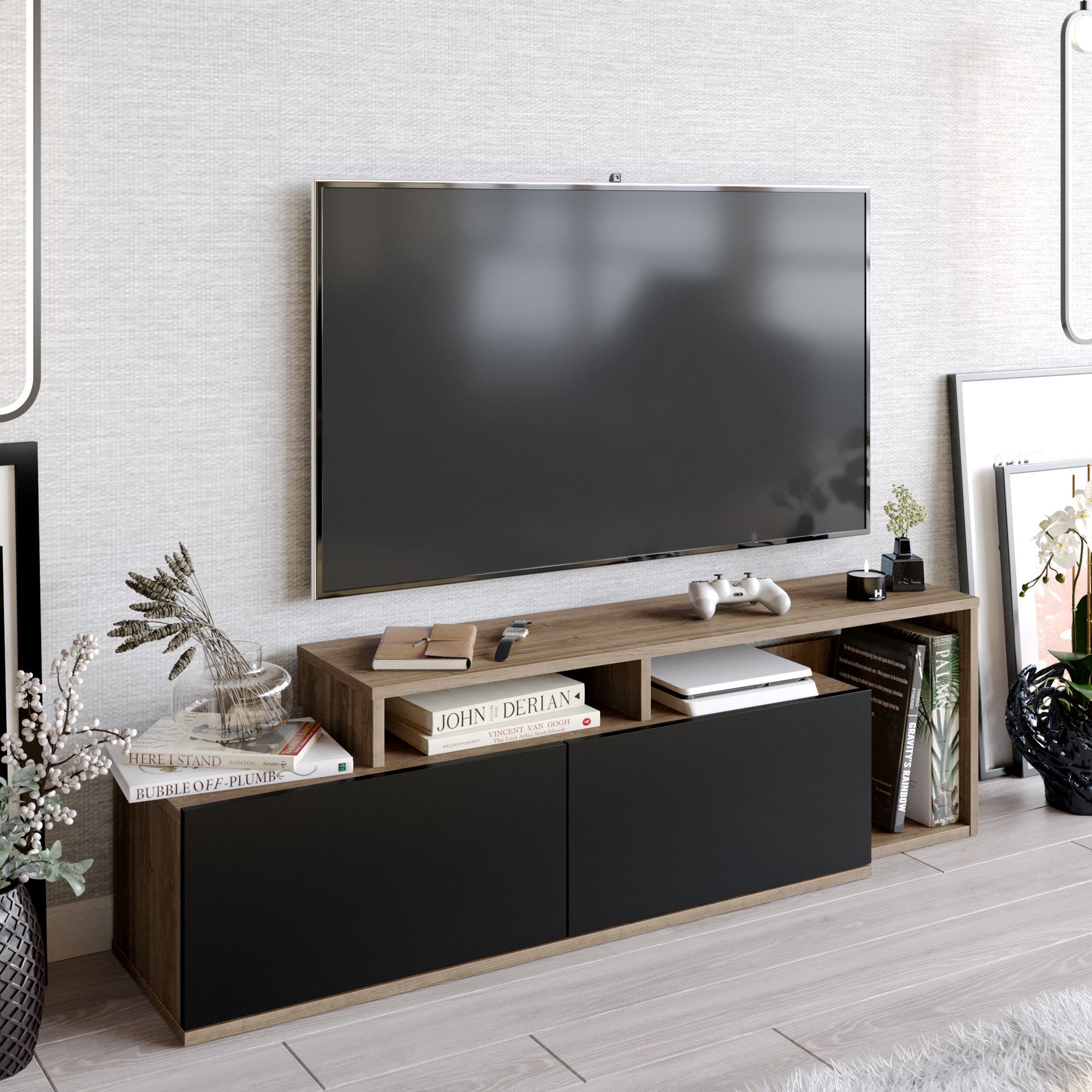 Suporte de TV moderno com opção de montagem na parede, nogueira e preto, 149,8 x 42,9 x 35,3 cm | 100% revestido em melamina, 18 mm de espessura, várias prateleiras para armazenamento