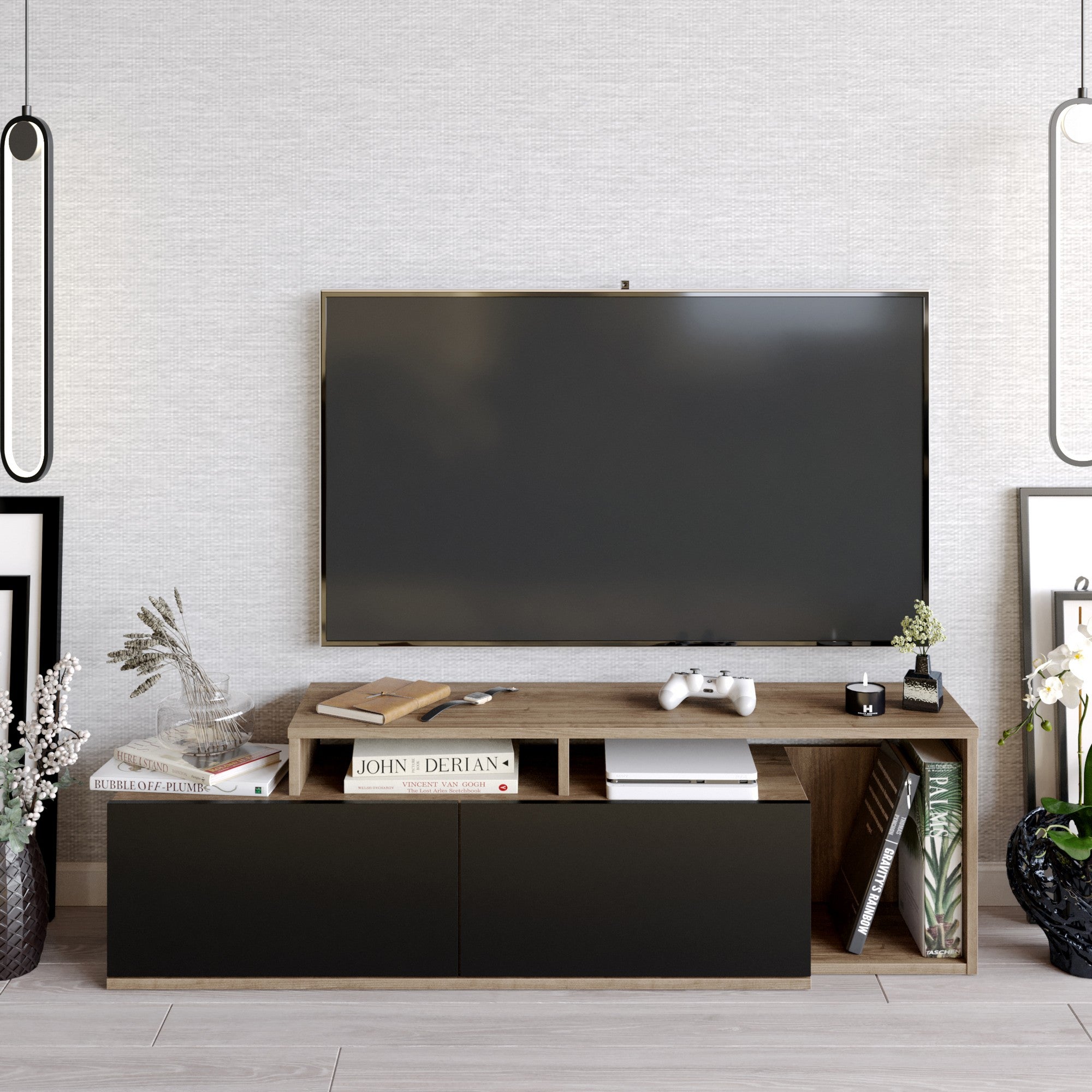 Suporte de TV moderno com opção de montagem na parede, nogueira e preto, 149,8 x 42,9 x 35,3 cm | 100% revestido em melamina, 18 mm de espessura, várias prateleiras para armazenamento
