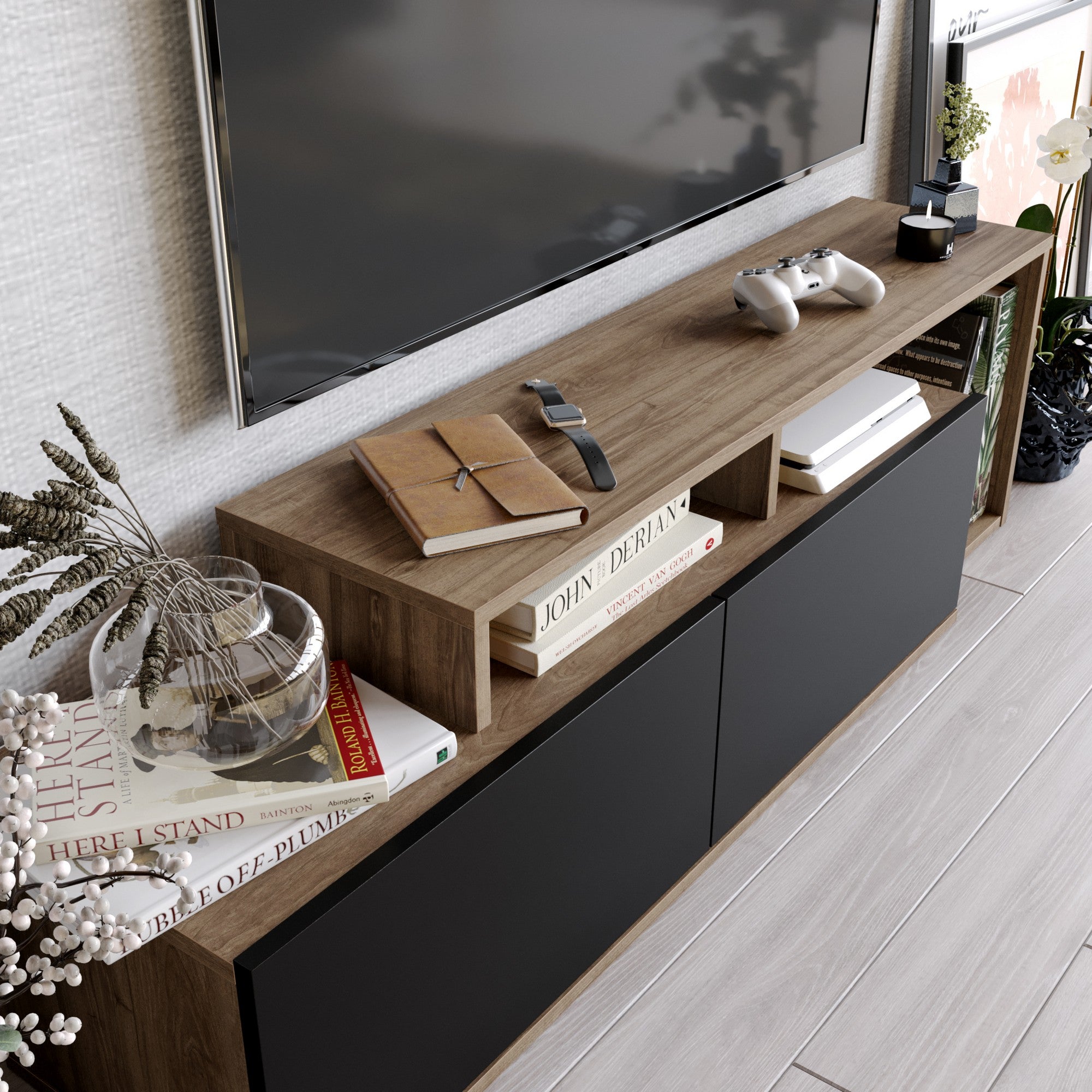 Suporte de TV moderno com opção de montagem na parede, nogueira e preto, 149,8 x 42,9 x 35,3 cm | 100% revestido em melamina, 18 mm de espessura, várias prateleiras para armazenamento