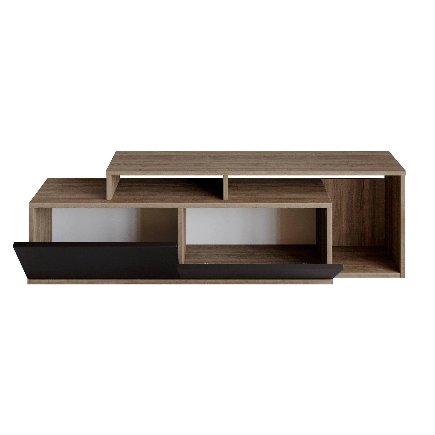 Suporte de TV moderno com opção de montagem na parede, nogueira e preto, 149,8 x 42,9 x 35,3 cm | 100% revestido em melamina, 18 mm de espessura, várias prateleiras para armazenamento