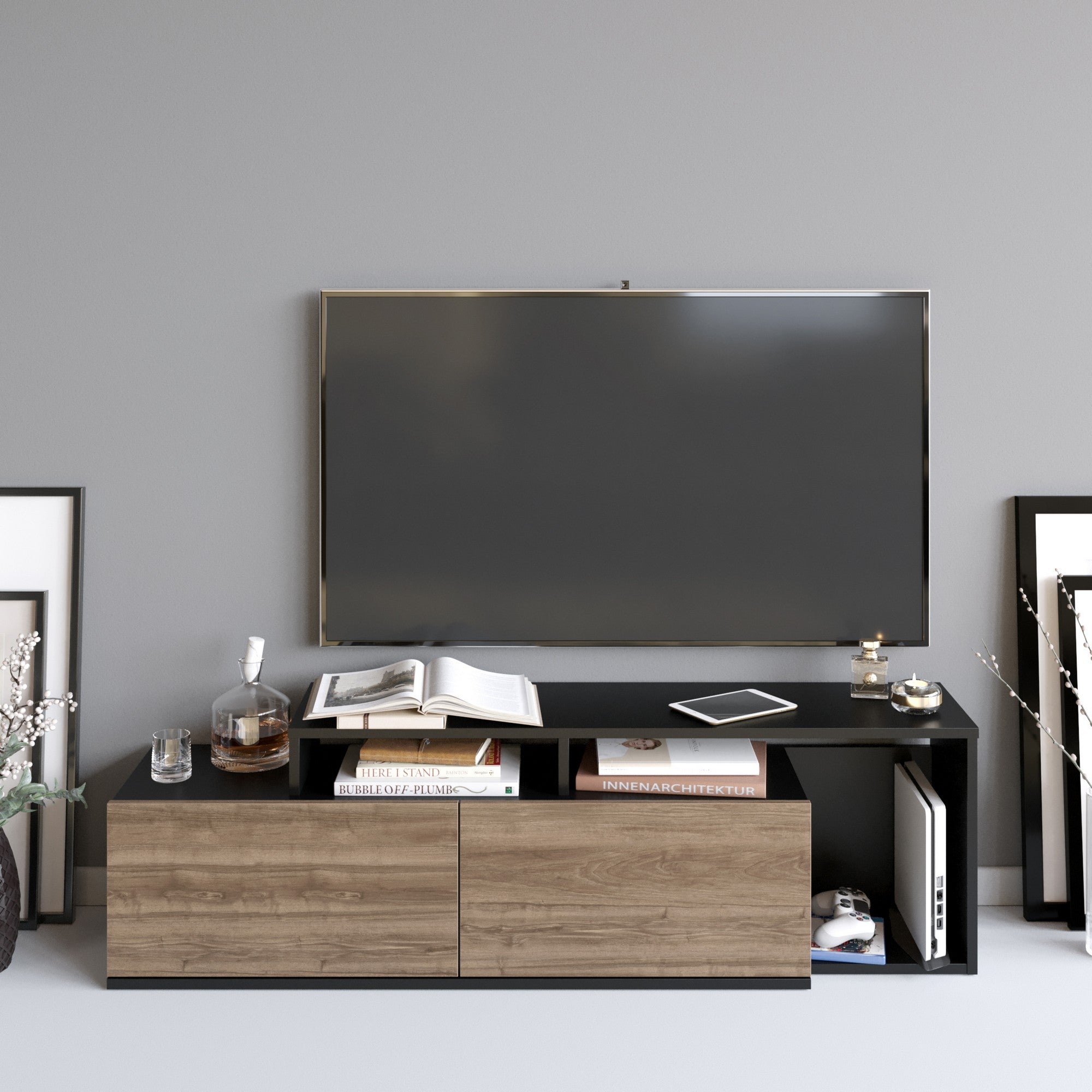 Suporte de TV moderno com opção de montagem na parede, preto e nogueira, 149,8 x 42,9 x 35,3 cm | Painel de partículas 100% revestido de melamina, 18 mm de espessura | Design elegante e funcional