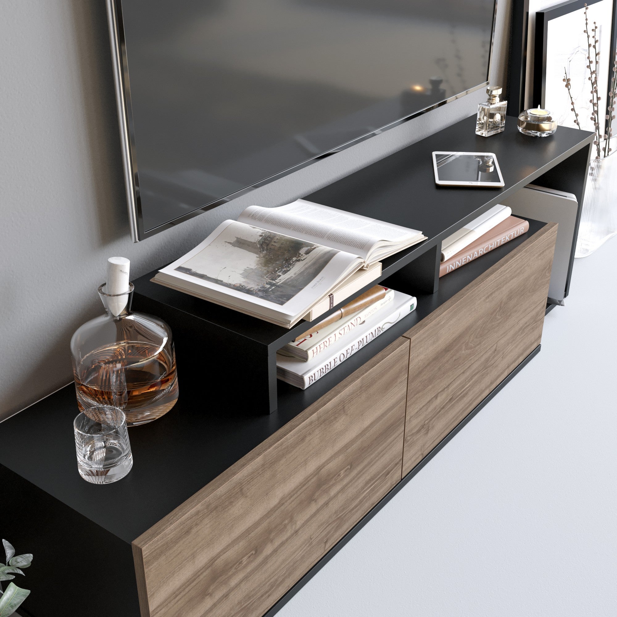Suporte de TV moderno com opção de montagem na parede, preto e nogueira, 149,8 x 42,9 x 35,3 cm | Painel de partículas 100% revestido de melamina, 18 mm de espessura | Design elegante e funcional