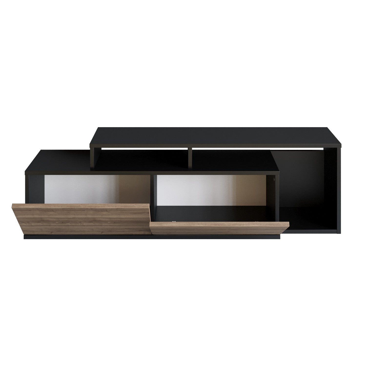 Suporte de TV moderno com opção de montagem na parede, preto e nogueira, 149,8 x 42,9 x 35,3 cm | Painel de partículas 100% revestido de melamina, 18 mm de espessura | Design elegante e funcional