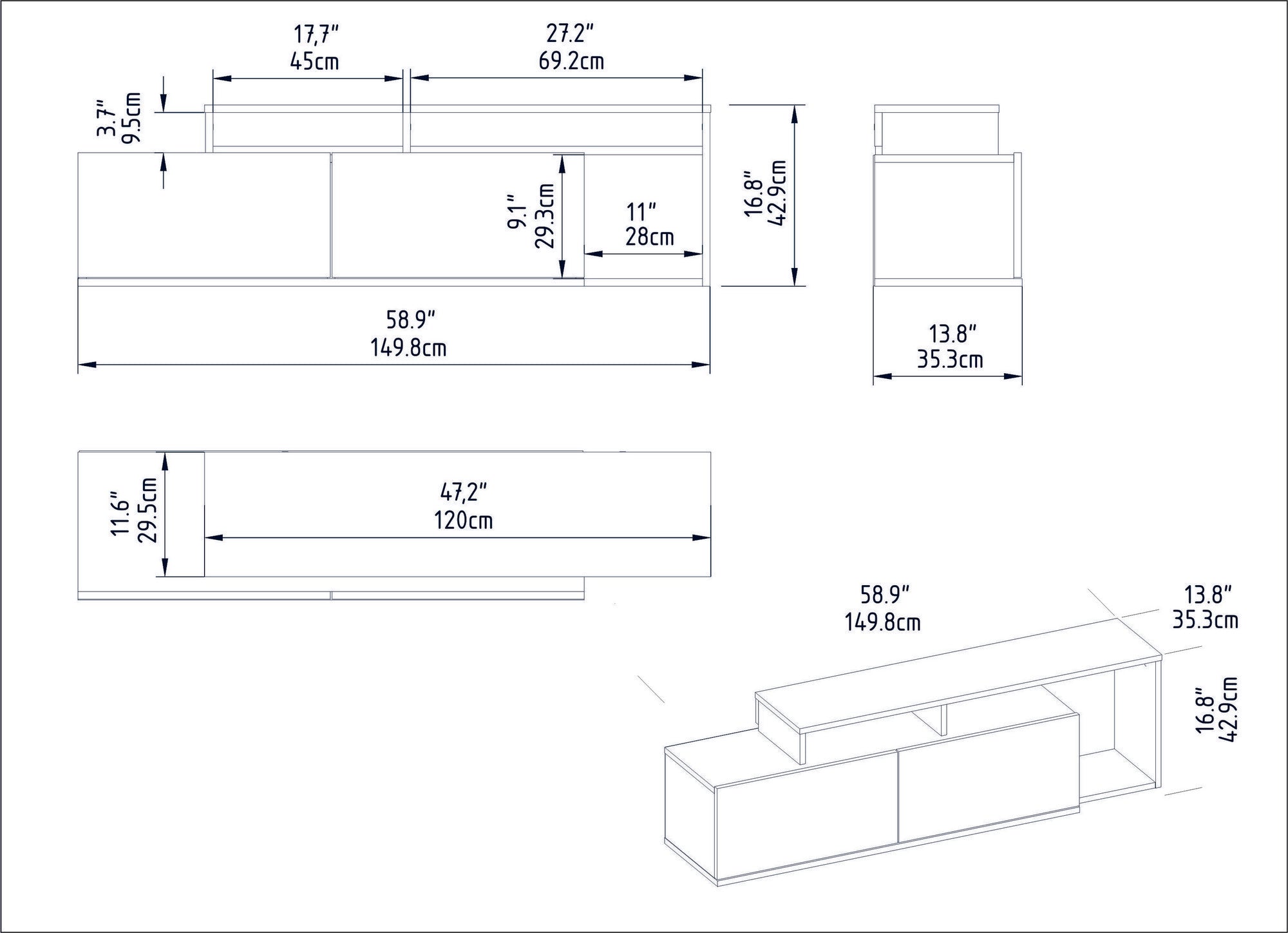 Suporte de TV moderno com opção de montagem na parede, preto e nogueira, 149,8 x 42,9 x 35,3 cm | Painel de partículas 100% revestido de melamina, 18 mm de espessura | Design elegante e funcional