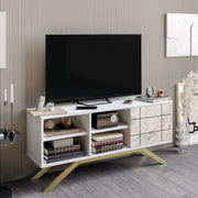 Suporte de TV moderno com pés de metal, branco e dourado, 130 cm | Painel de partículas 100% revestido de melamina, 18 mm de espessura | Montável na parede, prateleiras elegantes, design glamoroso
