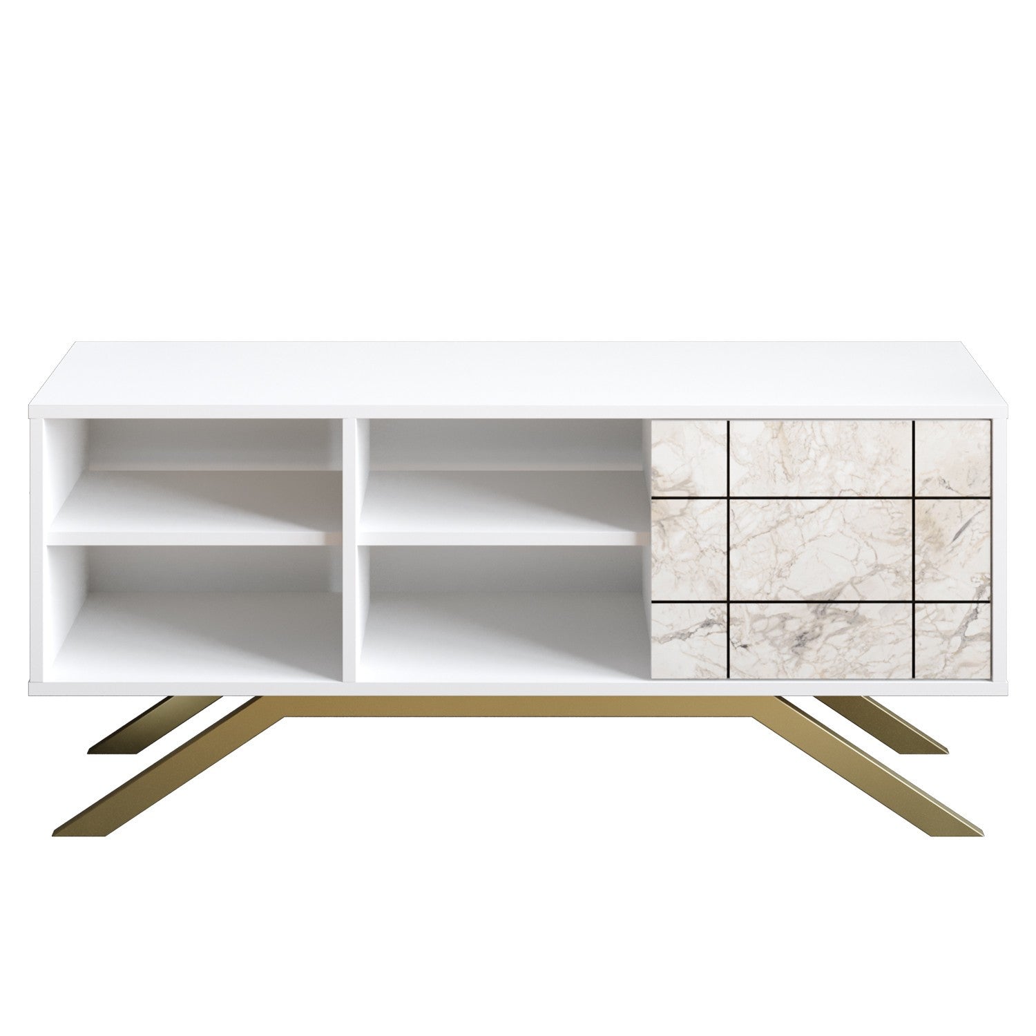 Suporte de TV moderno com pés de metal, branco e dourado, 130 cm | Painel de partículas 100% revestido de melamina, 18 mm de espessura | Montável na parede, prateleiras elegantes, design glamoroso