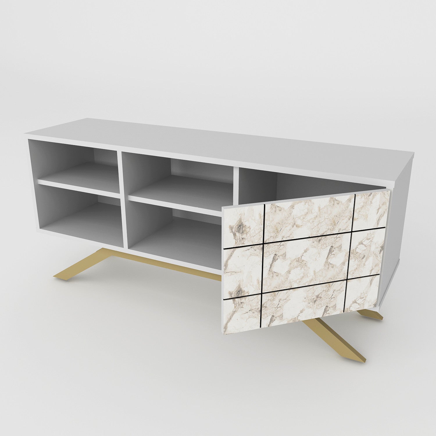 Suporte de TV moderno com pés de metal, branco e dourado, 130 cm | Painel de partículas 100% revestido de melamina, 18 mm de espessura | Montável na parede, prateleiras elegantes, design glamoroso