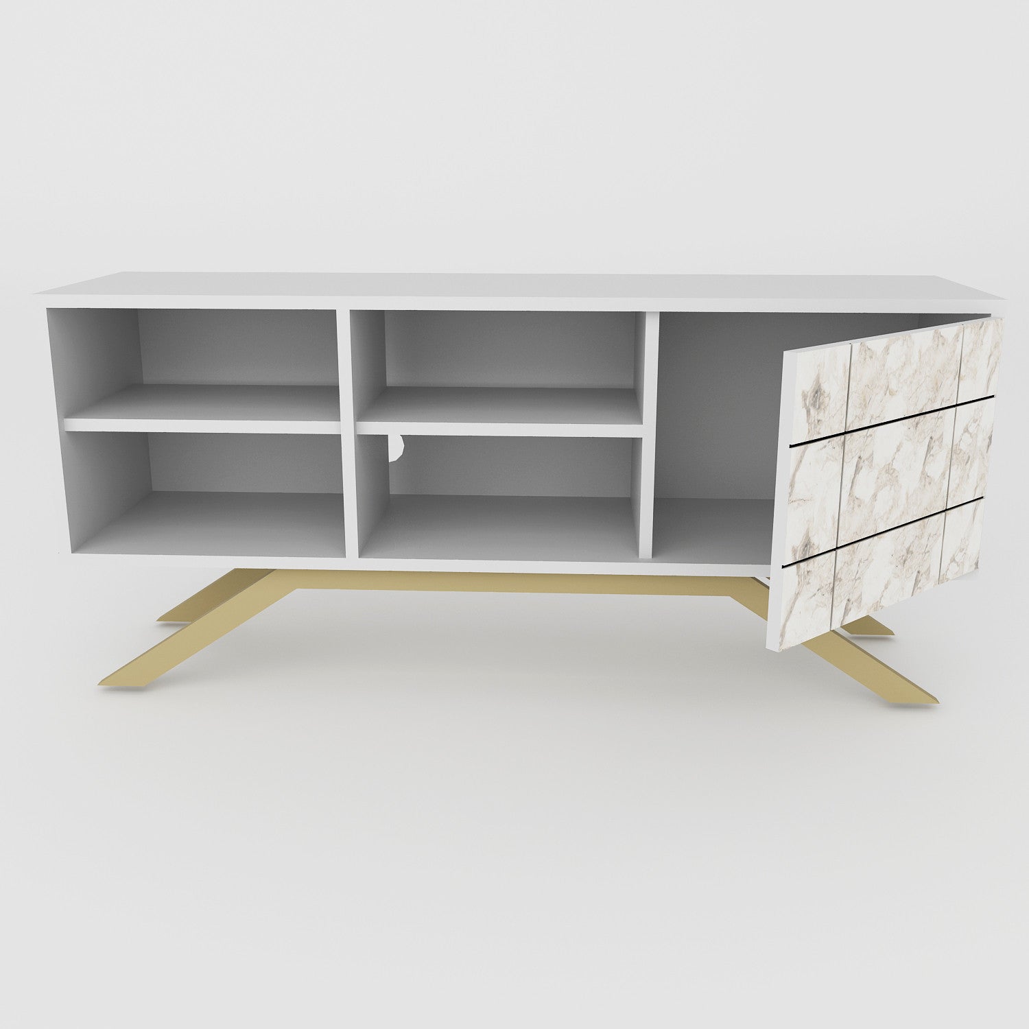 Suporte de TV moderno com pés de metal, branco e dourado, 130 cm | Painel de partículas 100% revestido de melamina, 18 mm de espessura | Montável na parede, prateleiras elegantes, design glamoroso
