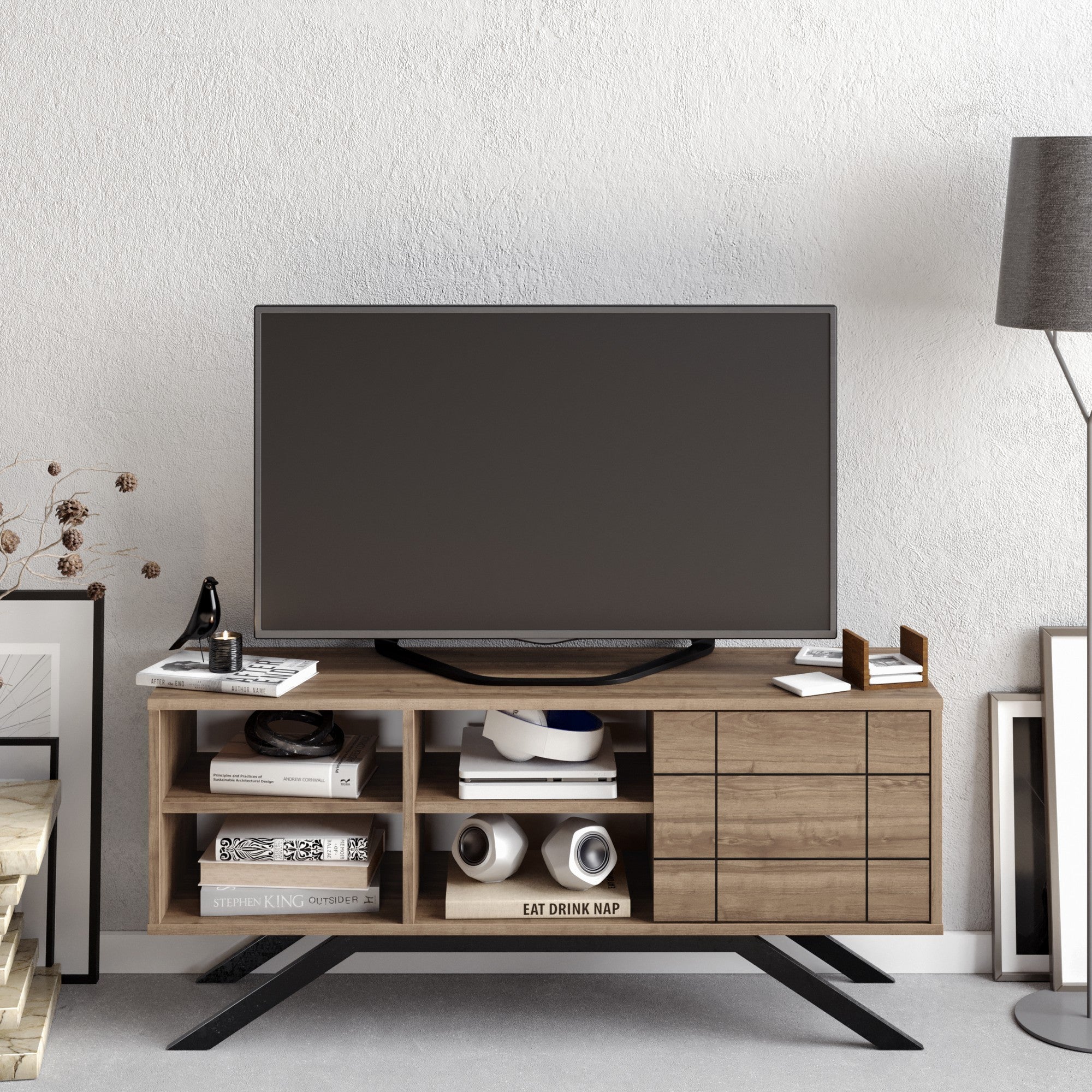 Suporte de TV moderno com pés de metal, preto e nogueira, 130 cm | Painel de partículas 100% revestido de melamina, 18 mm de espessura | Montável na parede, design elegante e funcional