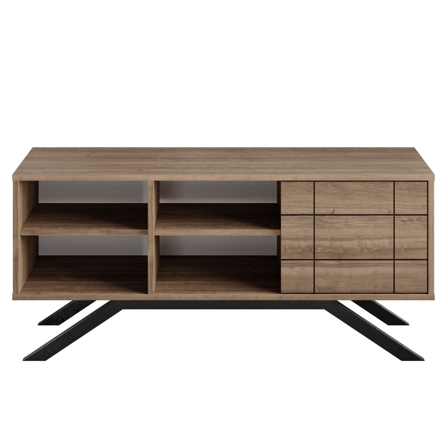 Suporte de TV moderno com pés de metal, preto e nogueira, 130 cm | Painel de partículas 100% revestido de melamina, 18 mm de espessura | Montável na parede, design elegante e funcional