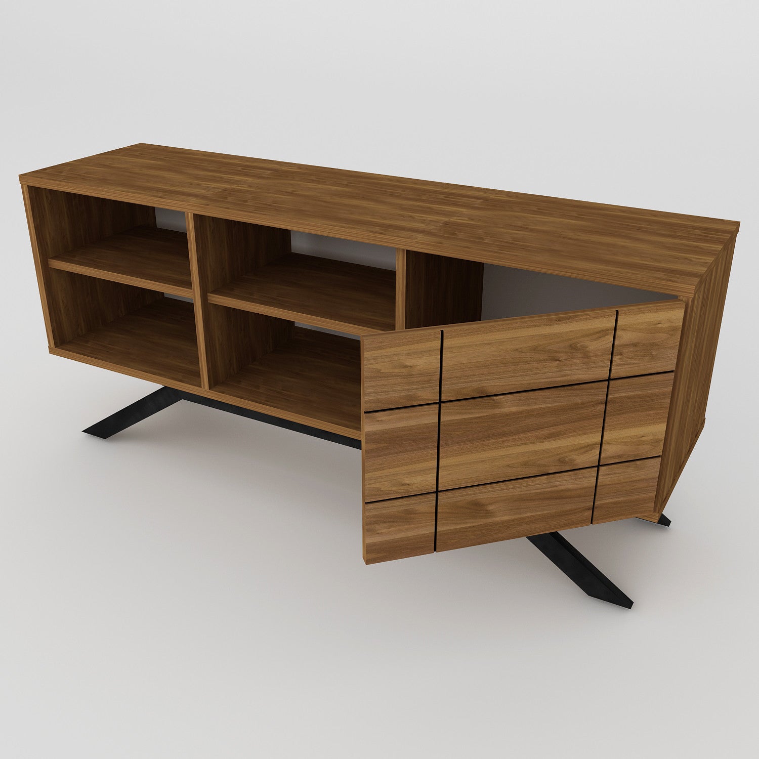 Suporte de TV moderno com pés de metal, preto e nogueira, 130 cm | Painel de partículas 100% revestido de melamina, 18 mm de espessura | Montável na parede, design elegante e funcional