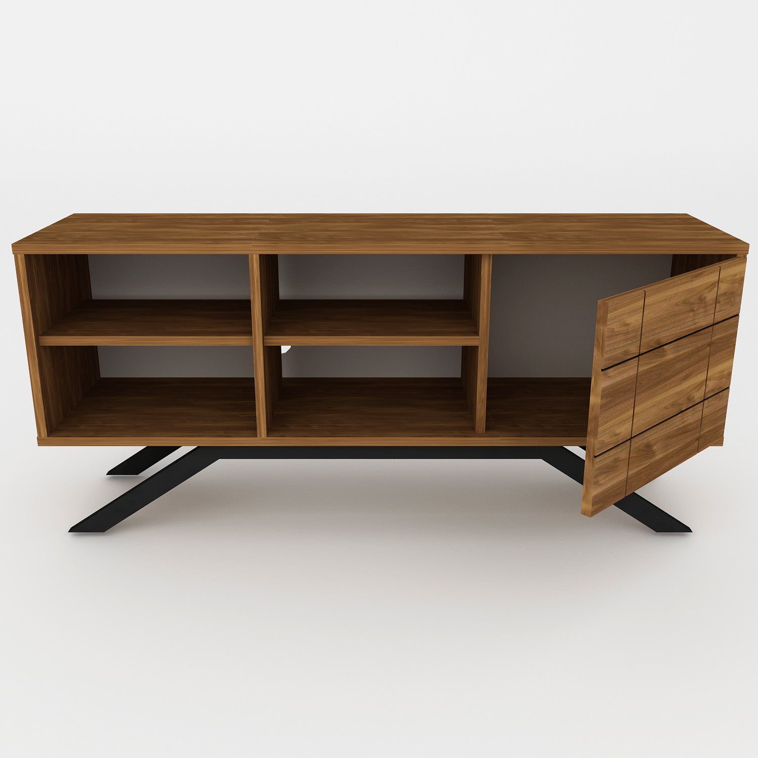 Suporte de TV moderno com pés de metal, preto e nogueira, 130 cm | Painel de partículas 100% revestido de melamina, 18 mm de espessura | Montável na parede, design elegante e funcional