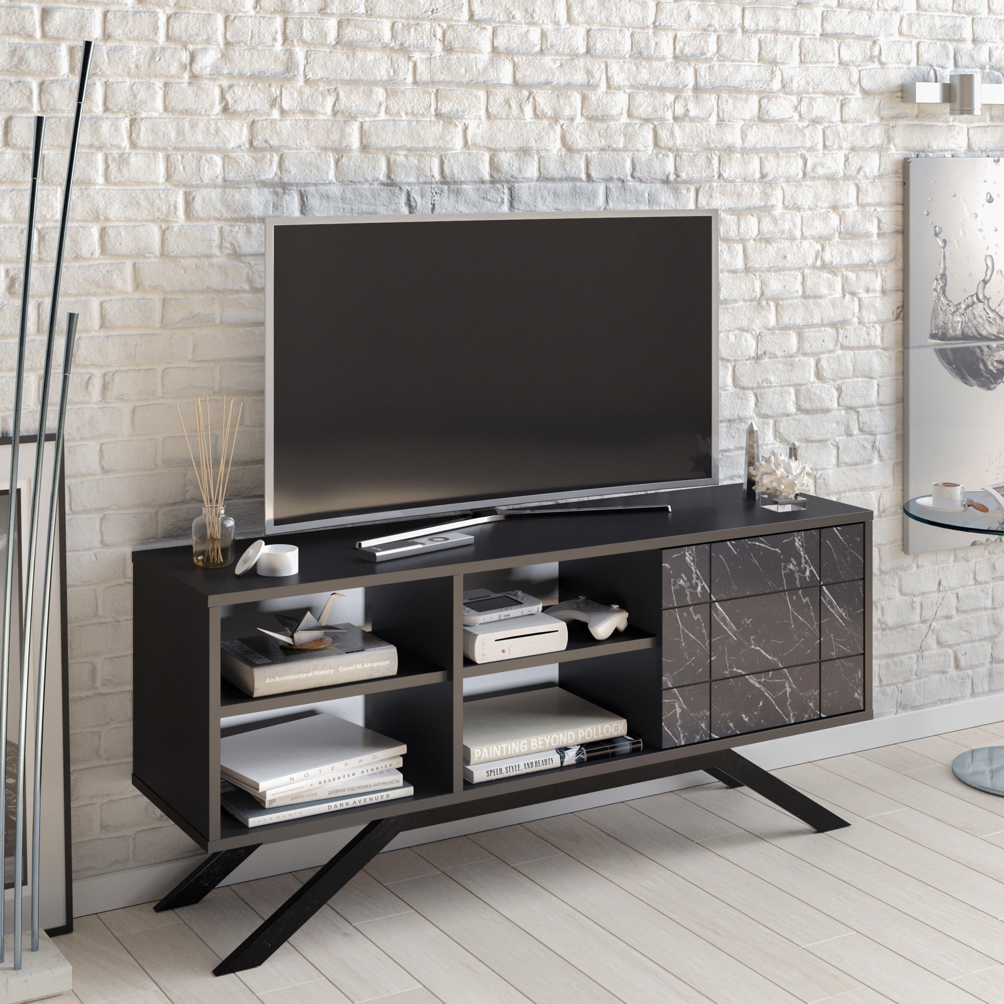 Suporte de TV moderno com pés de metal, acabamento em preto e mármore, 130 cm | Painel de partículas 100% revestido em melamina, 18 mm de espessura | Montável na parede, design elegante e funcional
