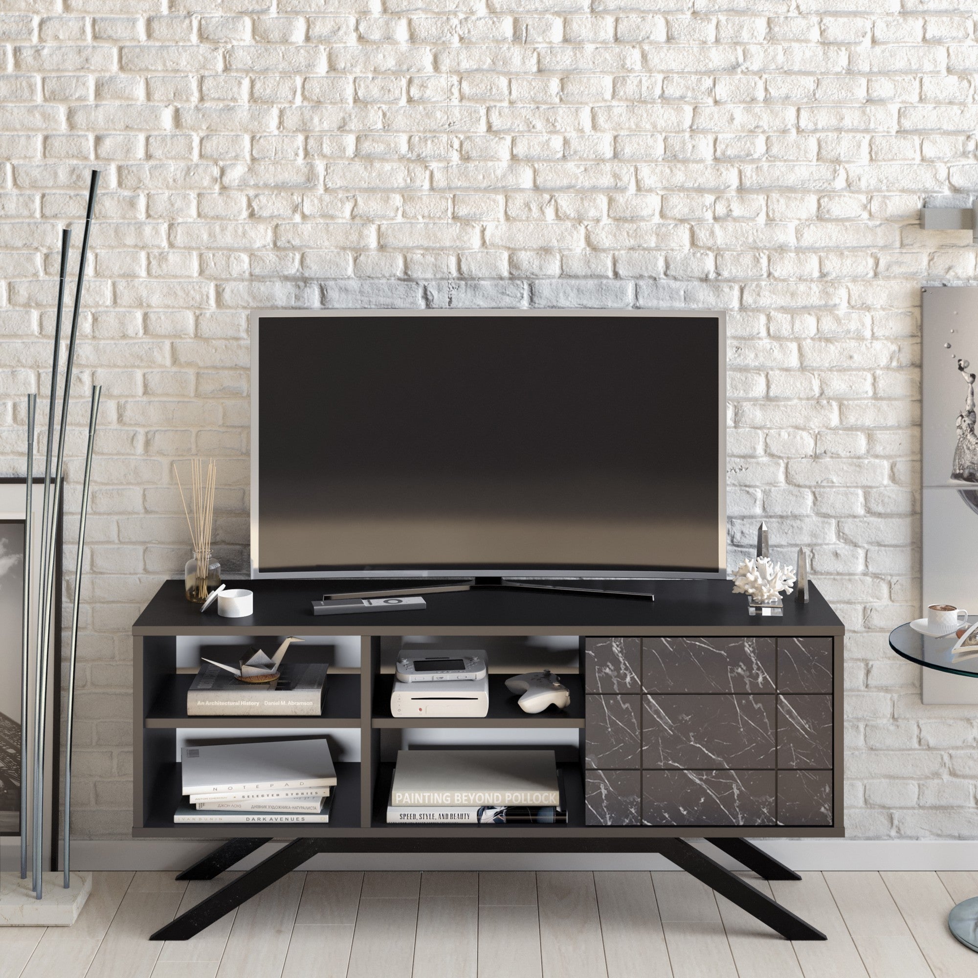 Suporte de TV moderno com pés de metal, acabamento em preto e mármore, 130 cm | Painel de partículas 100% revestido em melamina, 18 mm de espessura | Montável na parede, design elegante e funcional