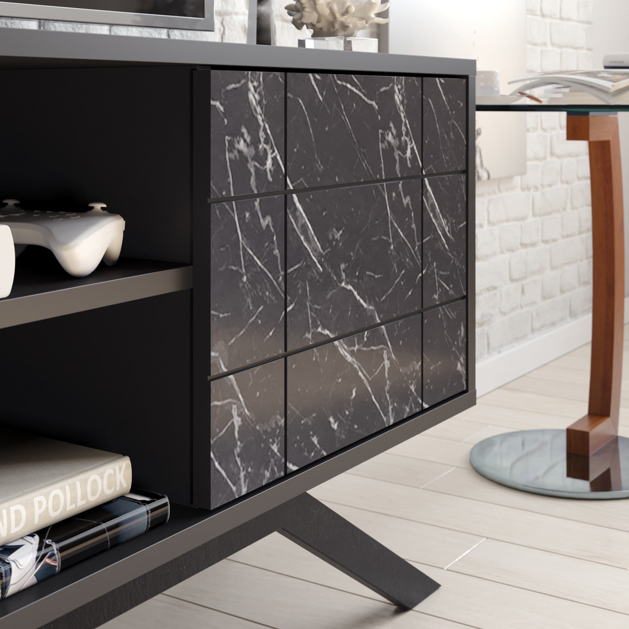 Suporte de TV moderno com pés de metal, acabamento em preto e mármore, 130 cm | Painel de partículas 100% revestido em melamina, 18 mm de espessura | Montável na parede, design elegante e funcional