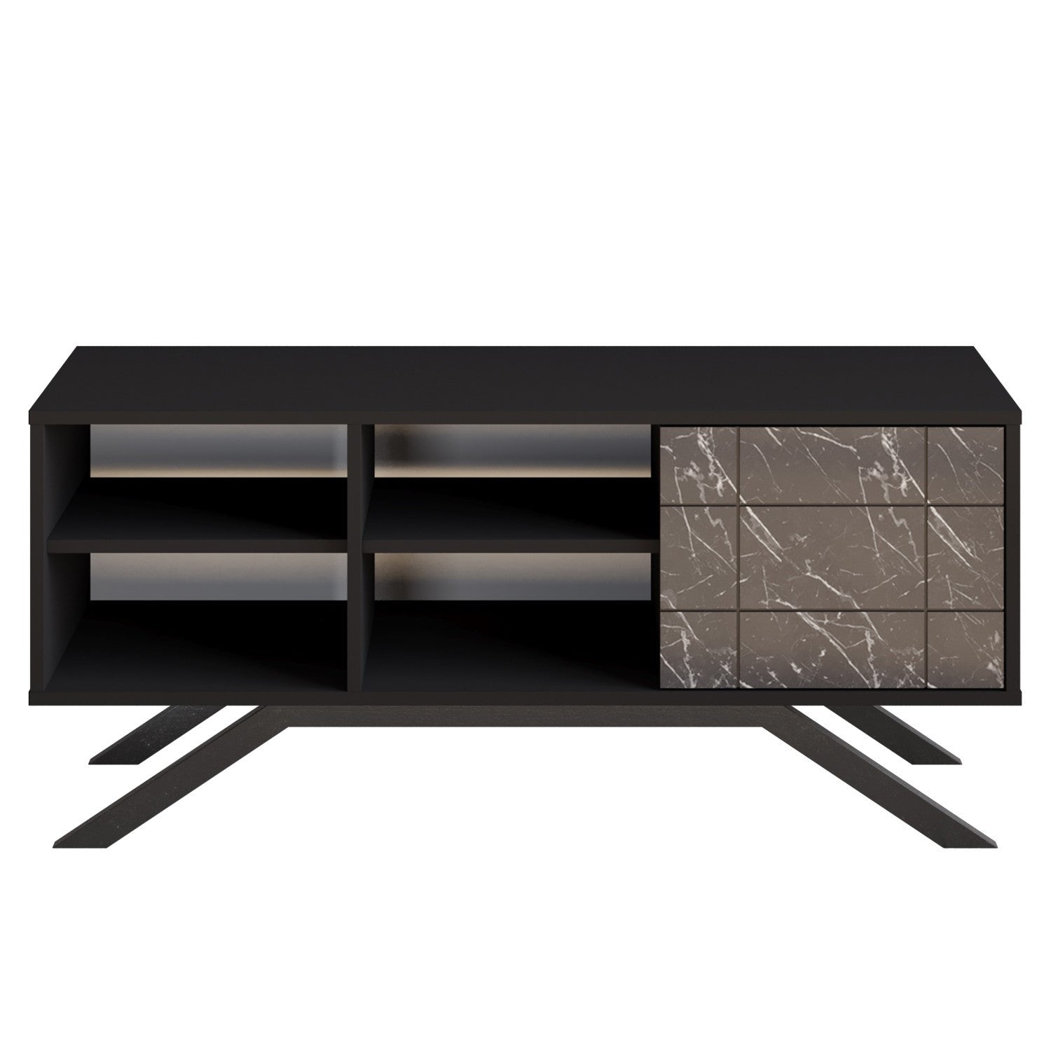 Suporte de TV moderno com pés de metal, acabamento em preto e mármore, 130 cm | Painel de partículas 100% revestido em melamina, 18 mm de espessura | Montável na parede, design elegante e funcional