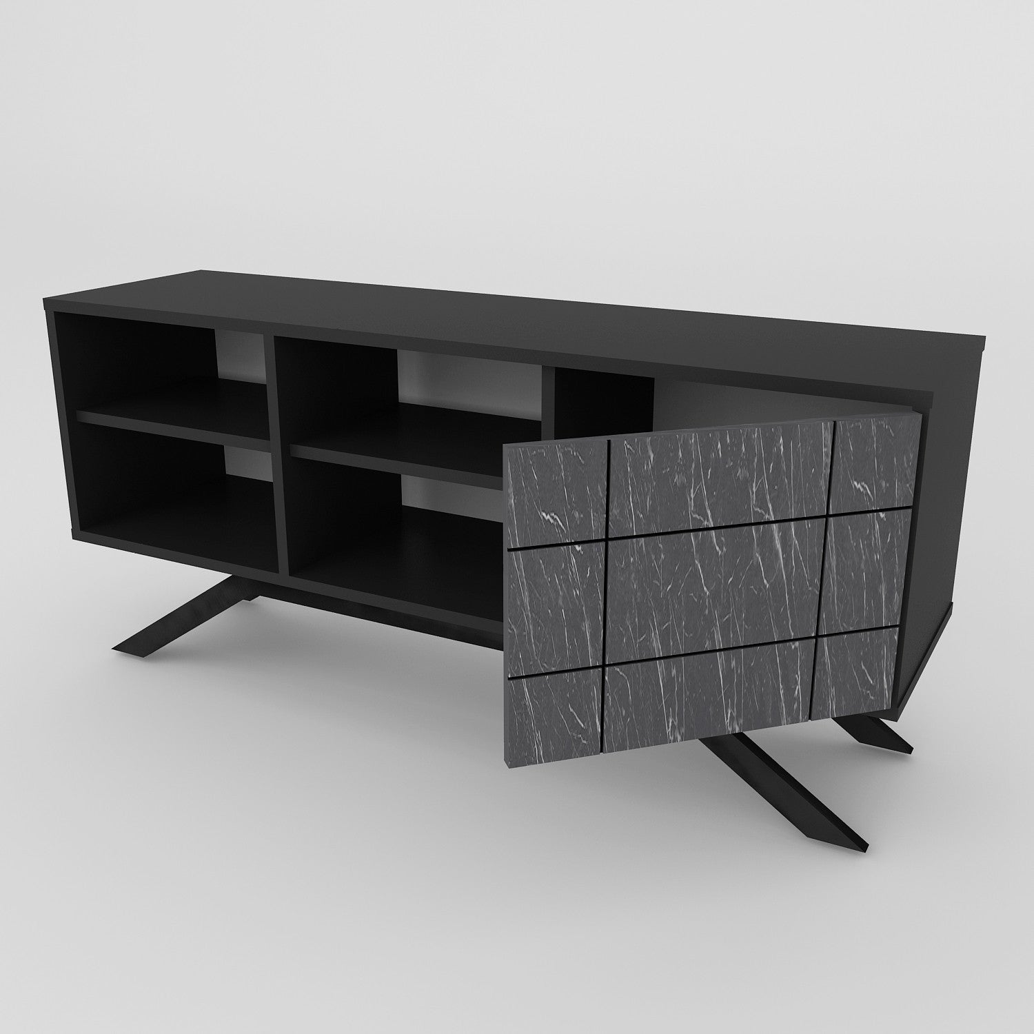 Suporte de TV moderno com pés de metal, acabamento em preto e mármore, 130 cm | Painel de partículas 100% revestido em melamina, 18 mm de espessura | Montável na parede, design elegante e funcional