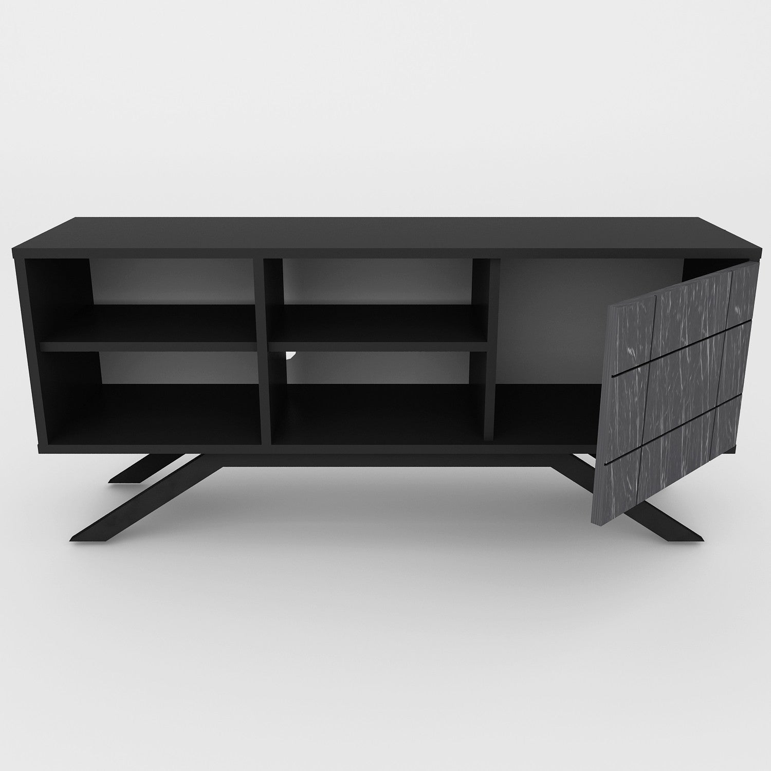 Suporte de TV moderno com pés de metal, acabamento em preto e mármore, 130 cm | Painel de partículas 100% revestido em melamina, 18 mm de espessura | Montável na parede, design elegante e funcional