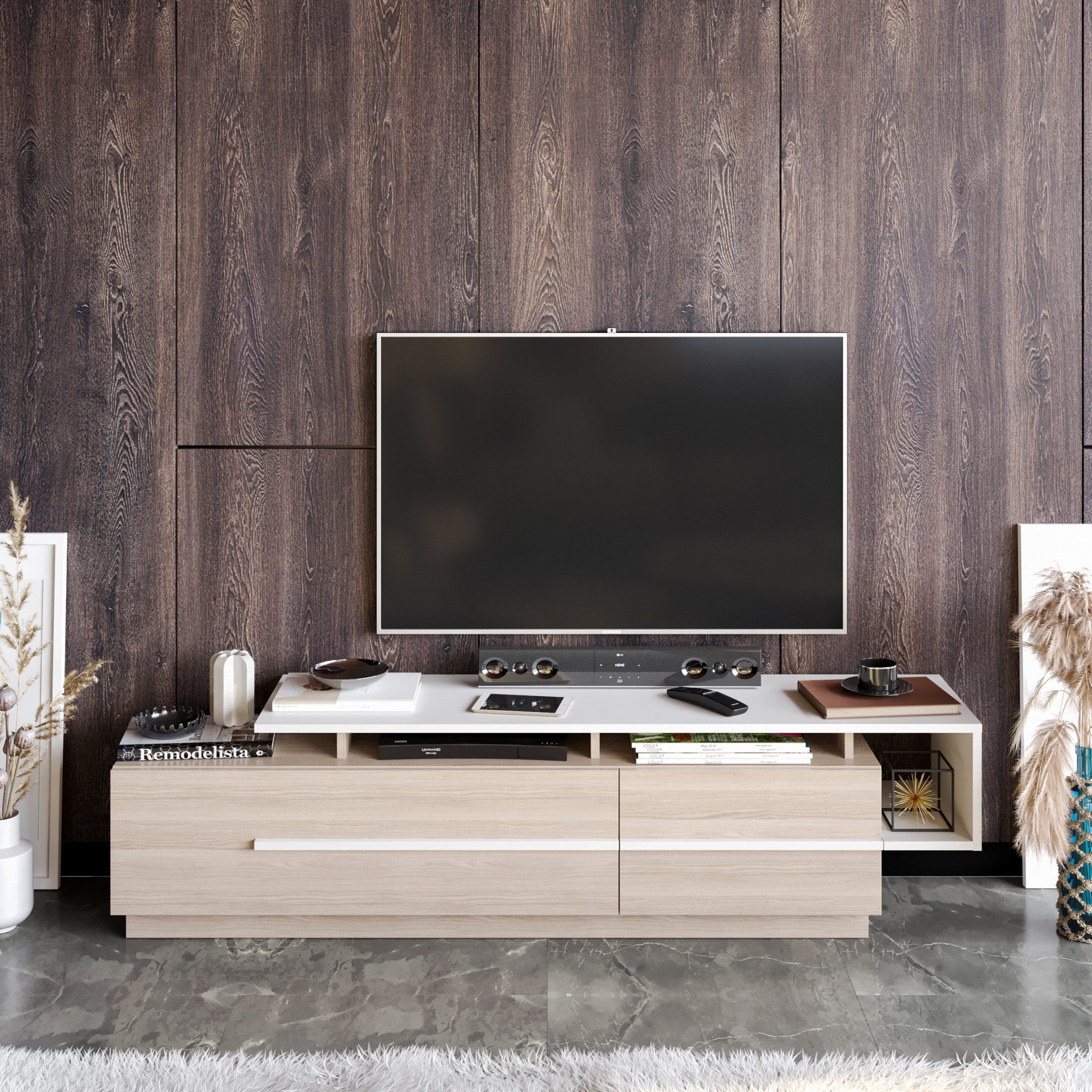 Suporte de TV moderno com opção de montagem na parede, Cordoba e Branco, 180 cm | Painel de partículas 100% revestido de melamina, 18 mm de espessura | Design elegante com várias prateleiras